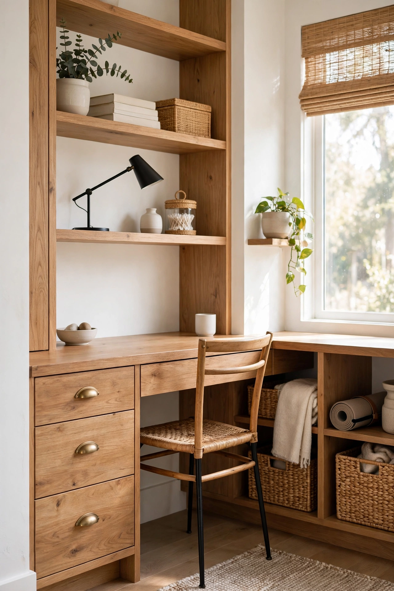 Small home office with a desk with built-in drawers and a slim chair tucked fully underneath