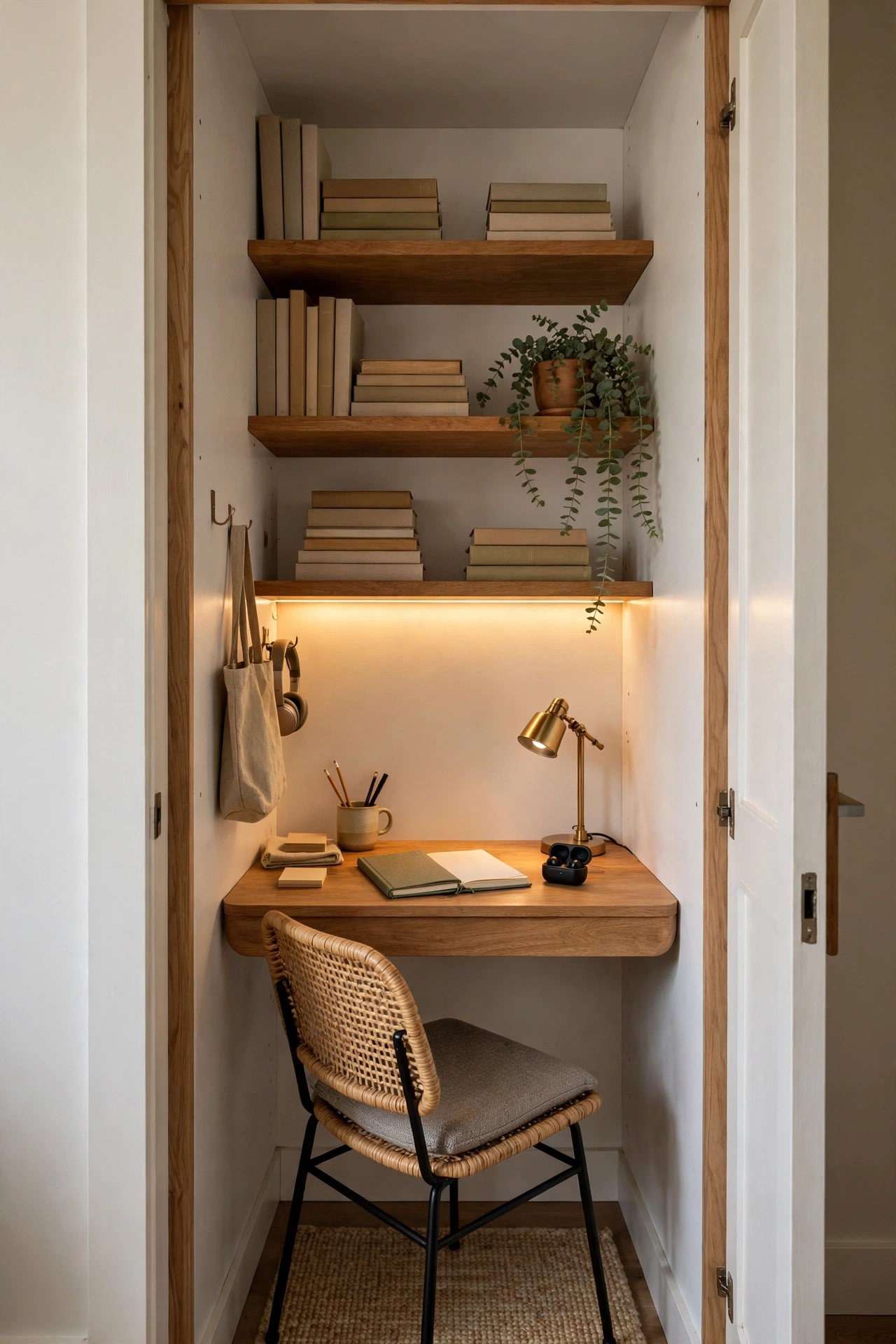 Small closet converted into a cozy home office nook with desk and shelves