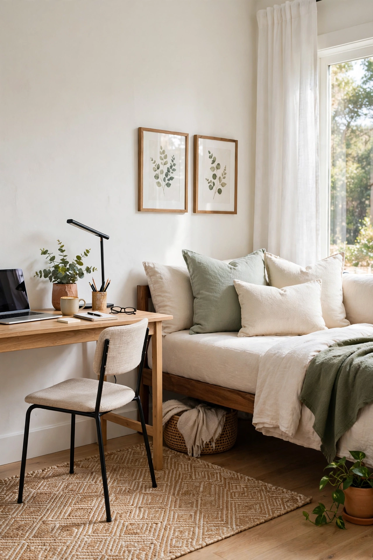 Guest bedroom doubling as a home office with a slim desk against the wall and a daybed sofa