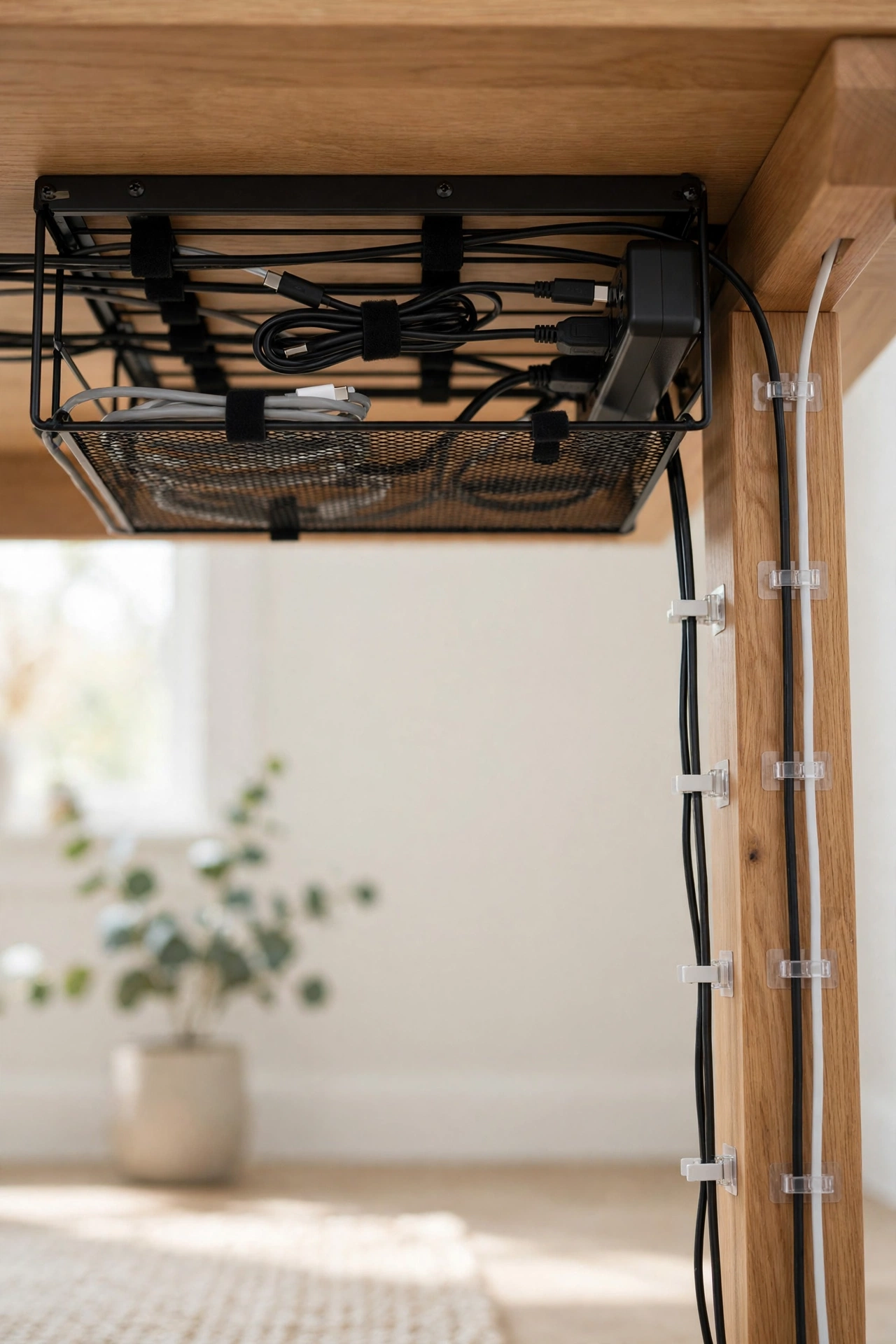 Home office desk with a tidy cable tray and organized cords underneath