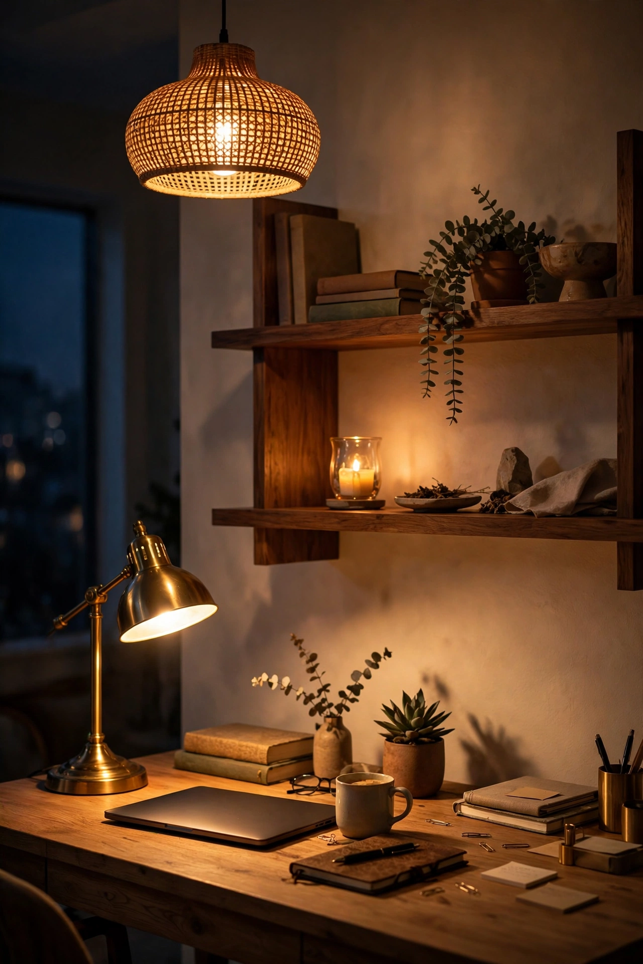 Home office with layered lighting from a desk lamp and warm overhead light