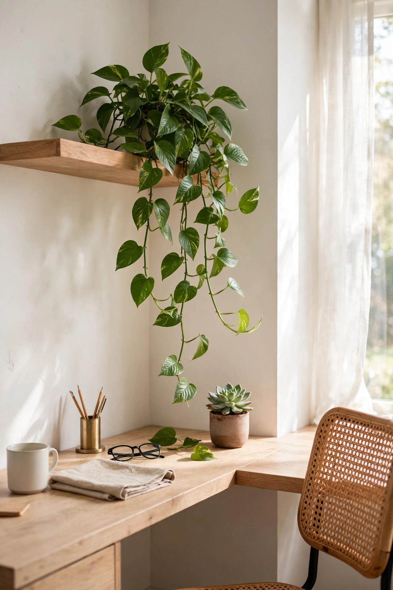 Home office with a trailing pothos plant on a shelf and a small succulent on the desk