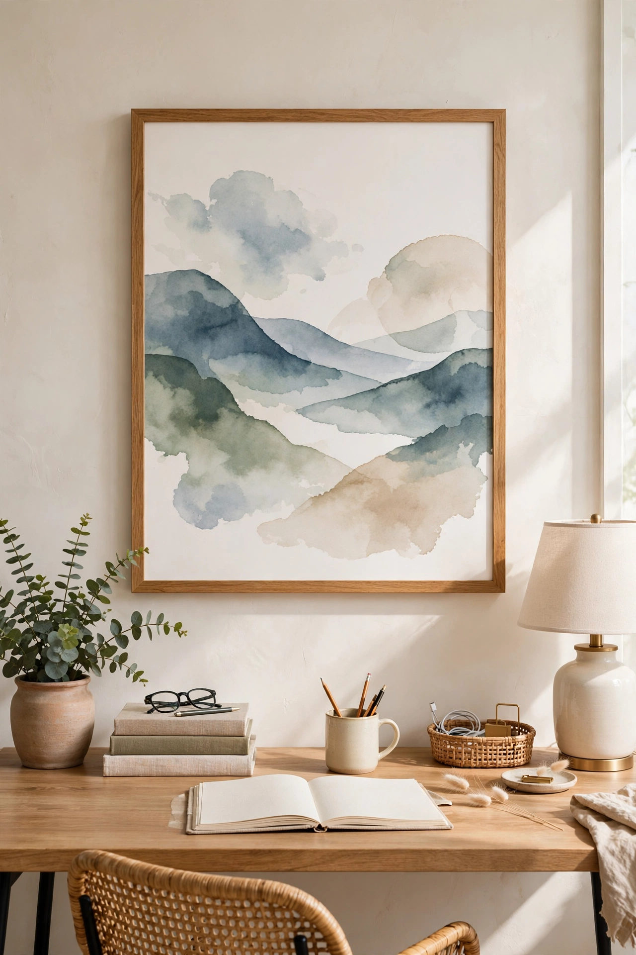 Home office wall with a large framed art print hung above the desk at seated eye level