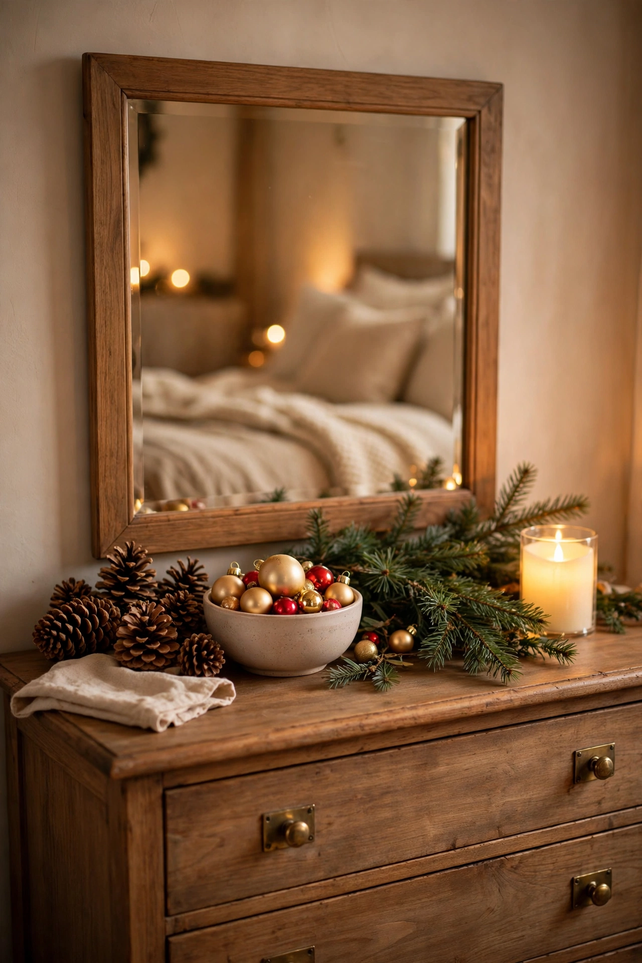 Bedroom dresser top styled for Christmas with pinecones, small gold and red ornaments in a bowl, an evergreen sprig, and a glowing LED candle