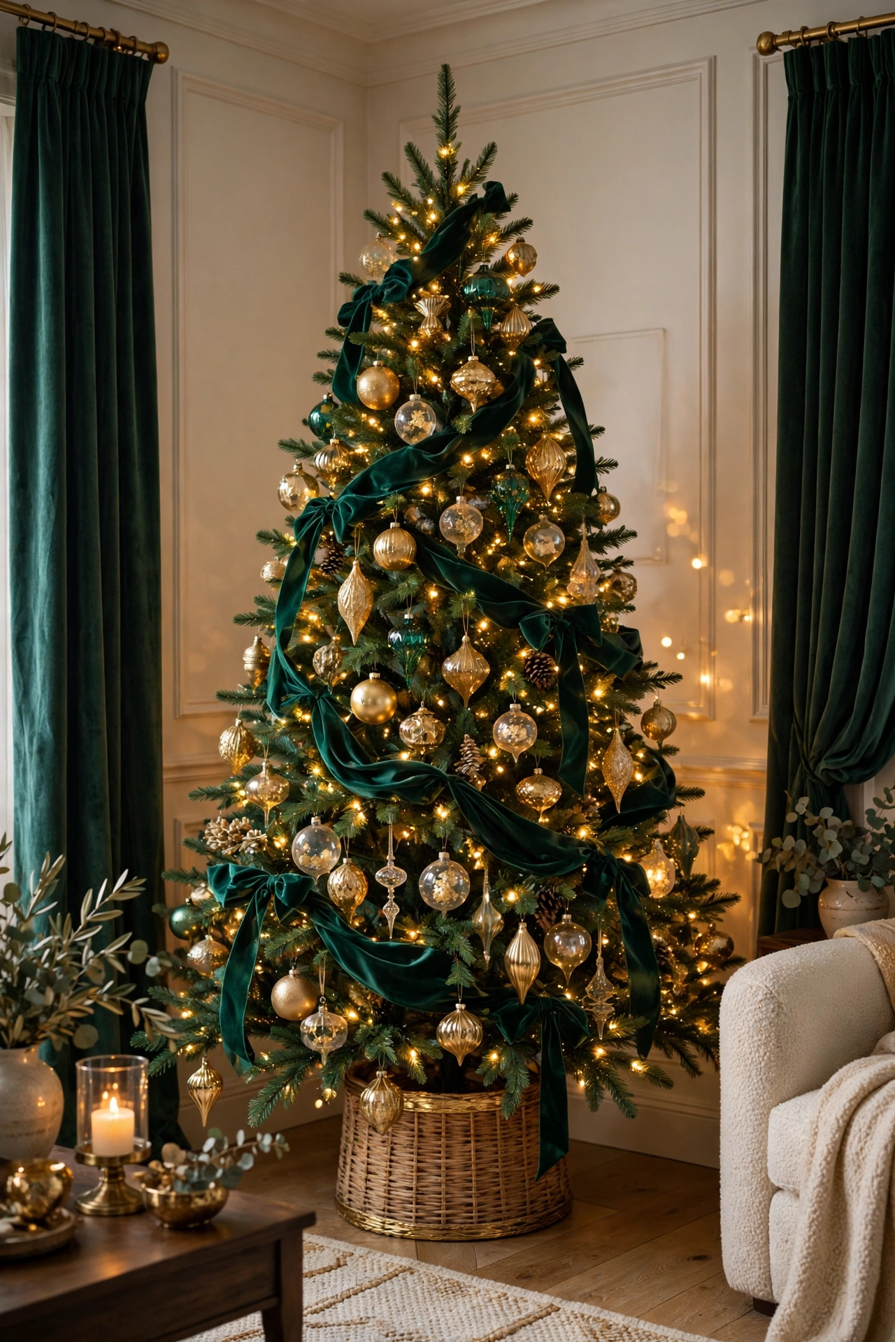 Christmas tree decorated with emerald green and gold ornaments, velvet ribbon and warm lights