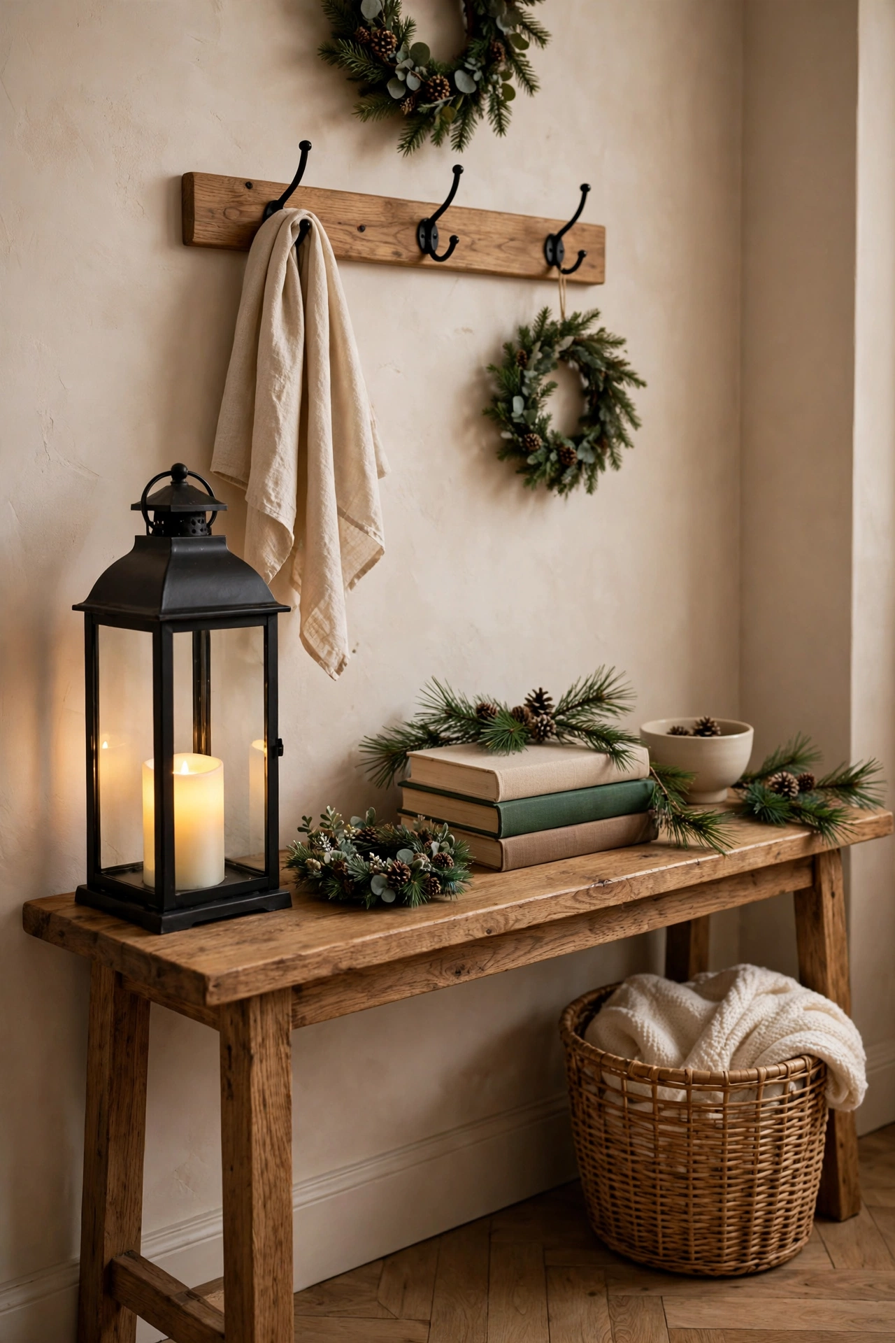 Entryway console table styled with a tall lantern with a glowing LED candle, a small wreath, stacked books and pine sprigs