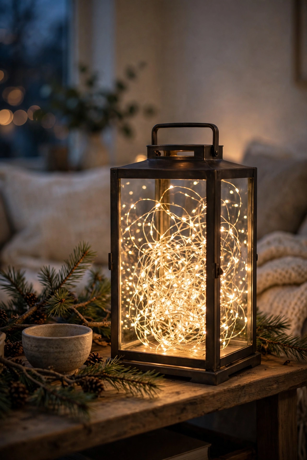 Large open lantern filled with tangled warm fairy lights glowing softly on a living room shelf