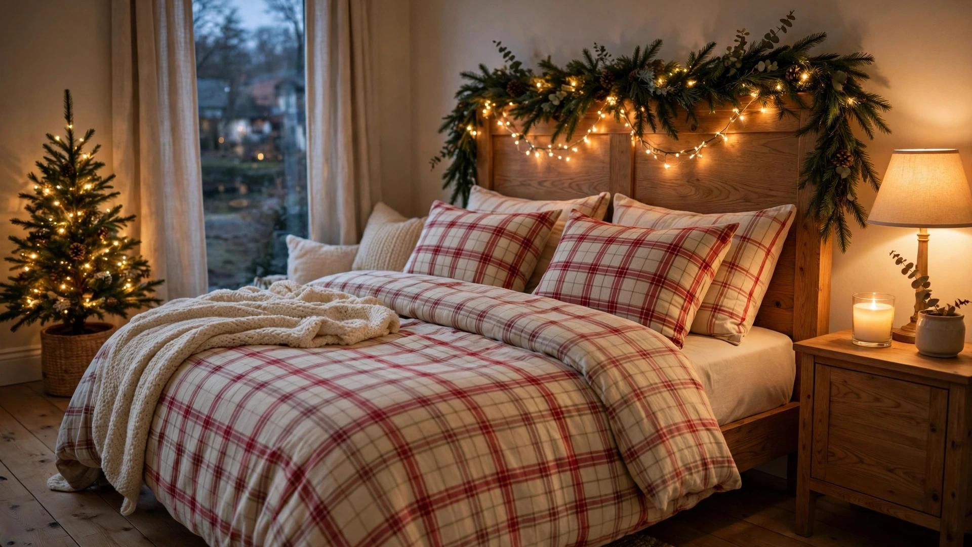 Cozy Christmas bedroom at dusk with a garland and fairy lights over the headboard, plaid bedding, and a small lit Christmas tree in the corner
