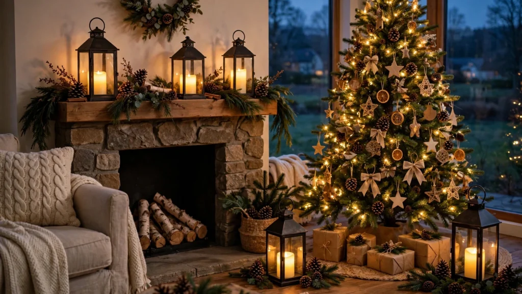 Cozy Christmas living room at dusk with glowing lanterns on the mantel and floor beside a decorated Christmas tree