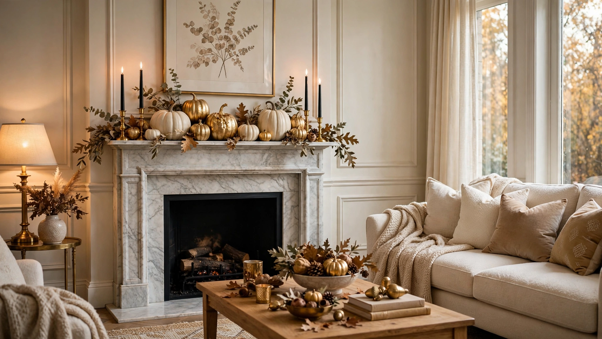 Elegant living room with classy Halloween decor — ivory pumpkins, gold accents and black taper candles on a marble mantel.