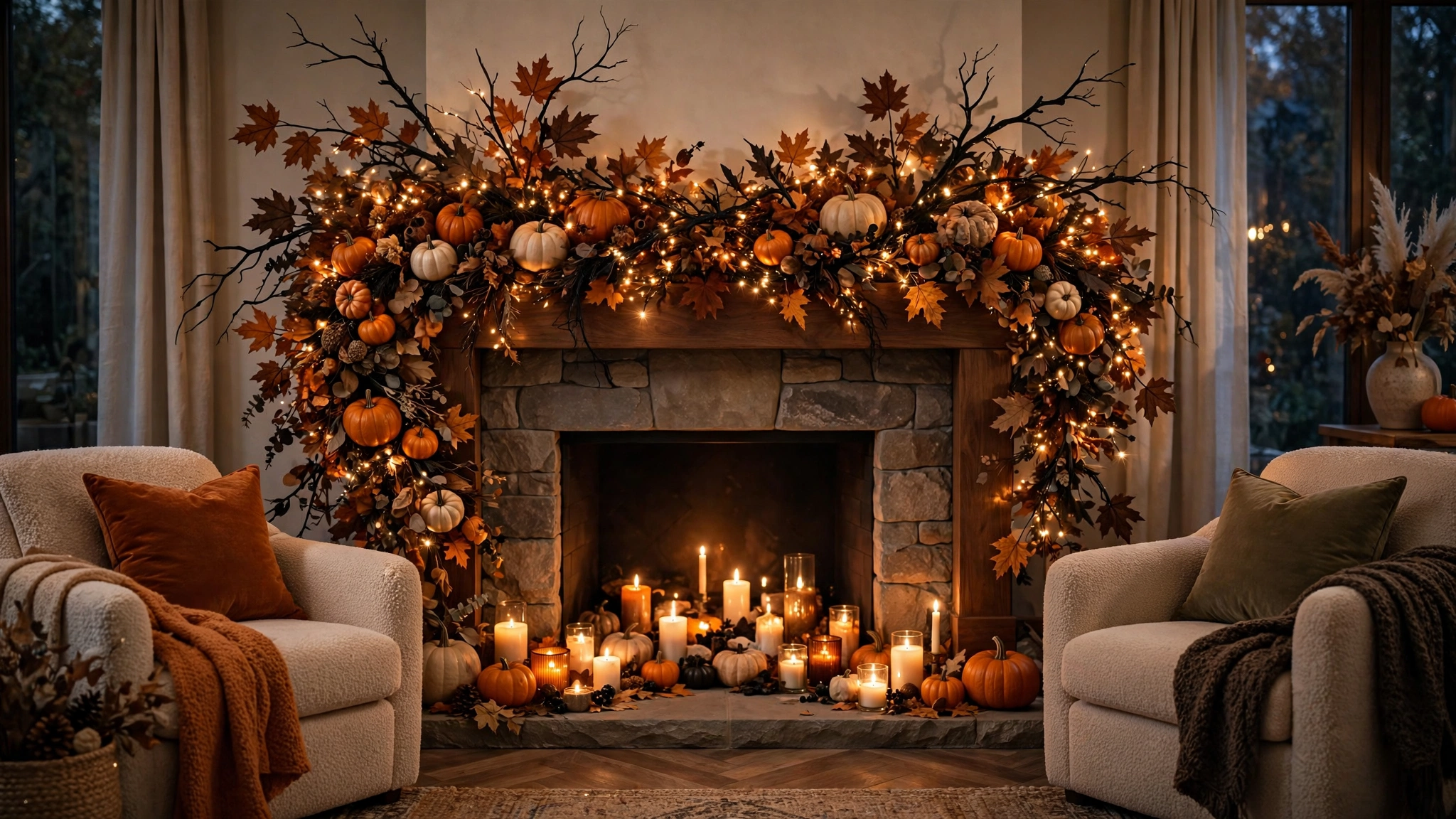 Halloween fireplace mantel with lush garland of pumpkins, autumn leaves and twinkling string lights at dusk.