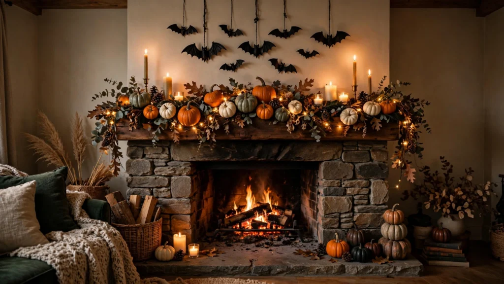 Halloween fireplace mantel with pumpkin garland, fairy lights and bat decorations above a lit fireplace