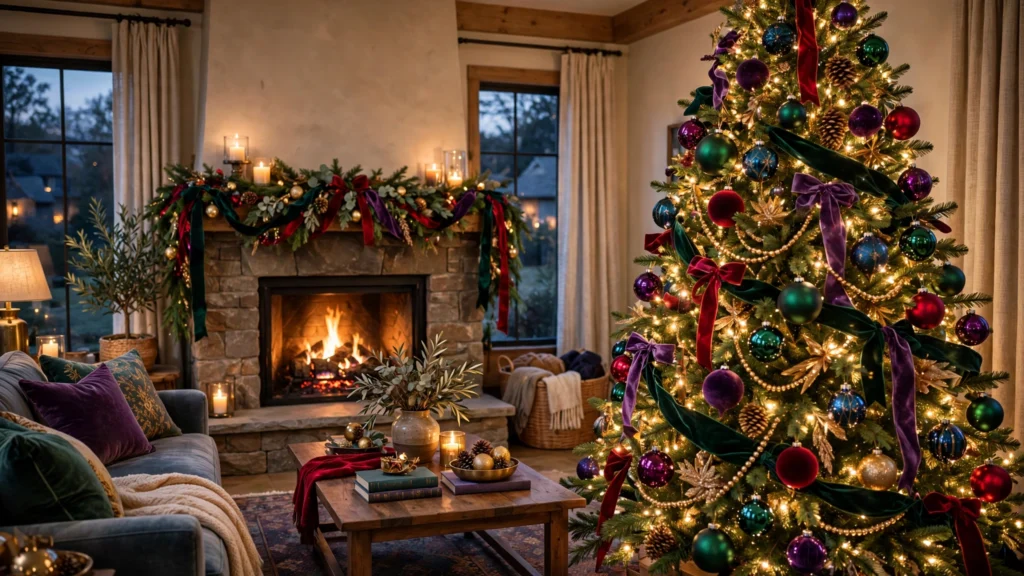 Living room decorated for Christmas with a jewel-tone tree in emerald, ruby, sapphire and amethyst beside a glowing fireplace