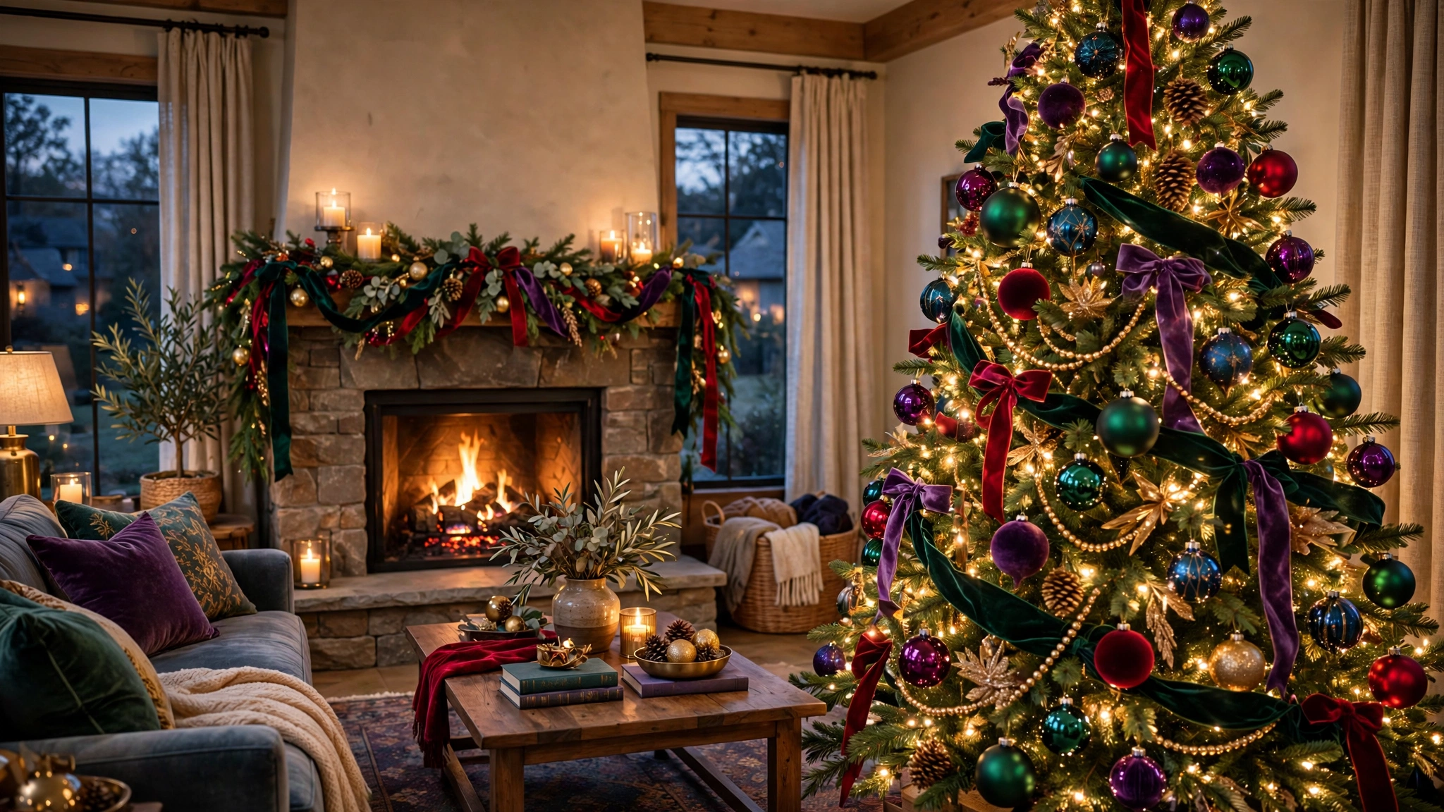 Living room decorated for Christmas with a jewel-tone tree in emerald, ruby, sapphire and amethyst beside a glowing fireplace