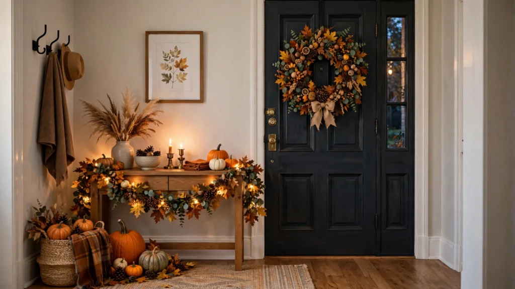 Thanksgiving entryway with console table, fall wreath, pumpkins and warm lighting