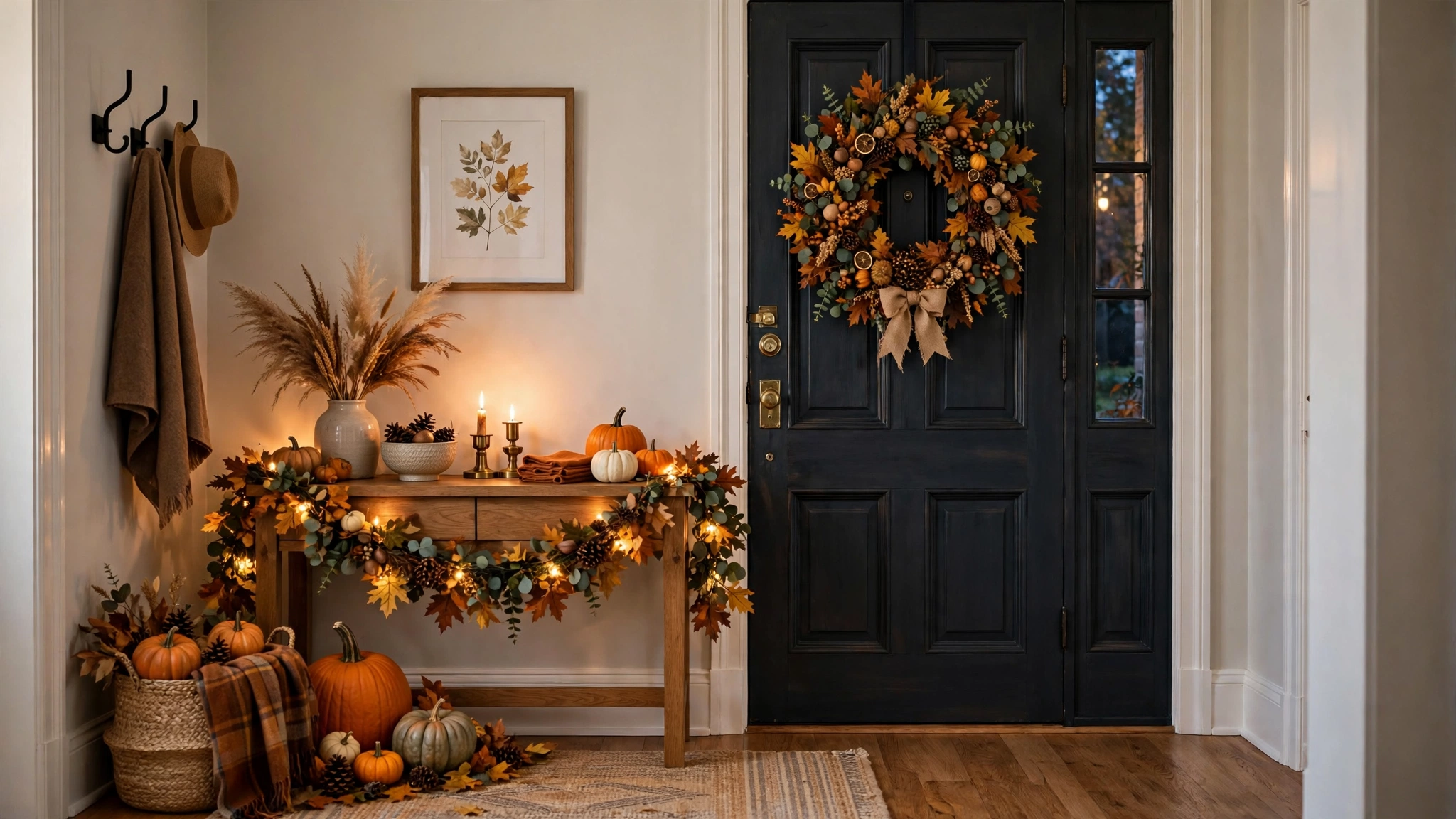 Thanksgiving entryway with console table, fall wreath, pumpkins and warm lighting