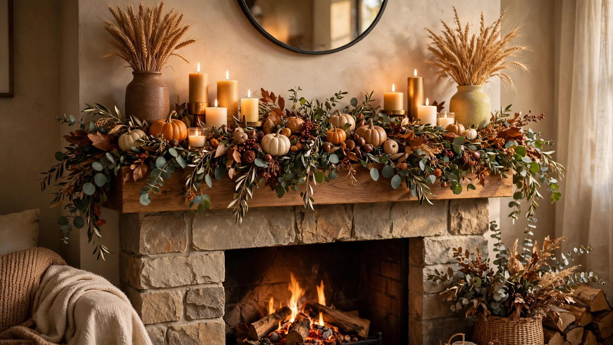 Beautifully styled Thanksgiving fireplace mantel with fall garland, pumpkins, candles and wheat in a warm living room.