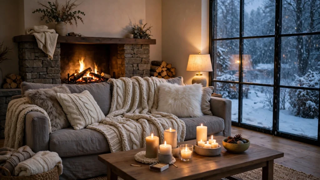 Cozy winter living room at dusk with a glowing fireplace, chunky knit throws and faux fur pillows on the sofa, candles on the coffee table, and snow outside a large window