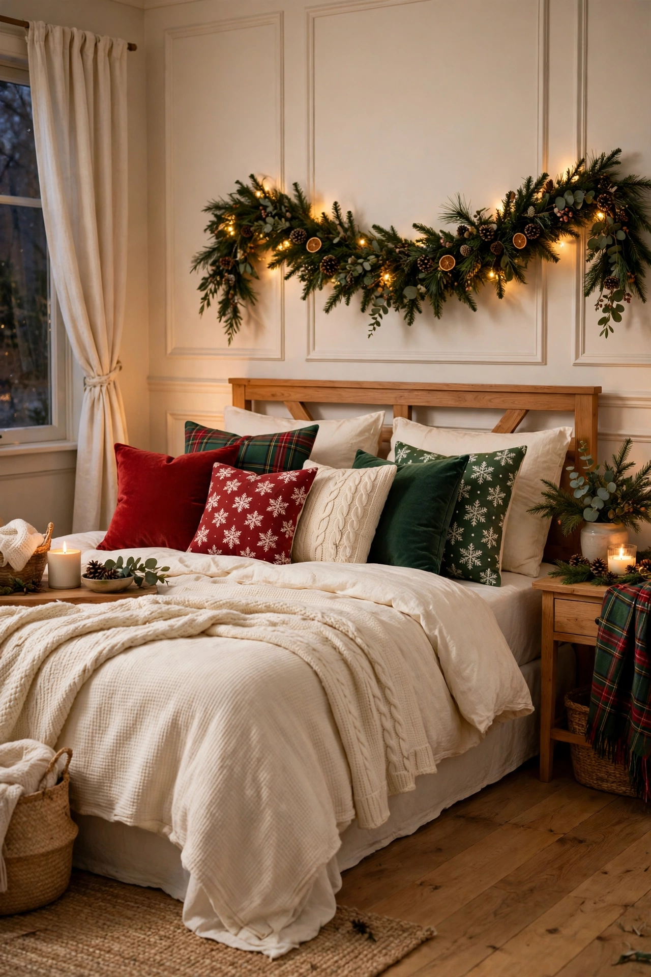Bed dressed for Christmas with festive throw pillows in red, cream and green patterns, snowflakes and plaid, on cream bedding
