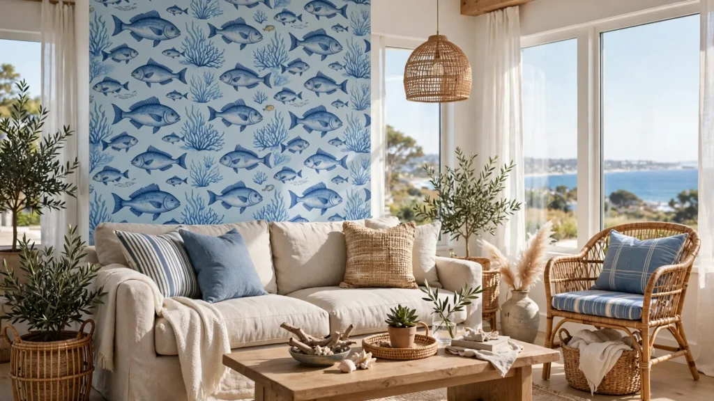Beautiful coastal living room with a blue fish wallpaper accent wall, linen sofa, and natural light