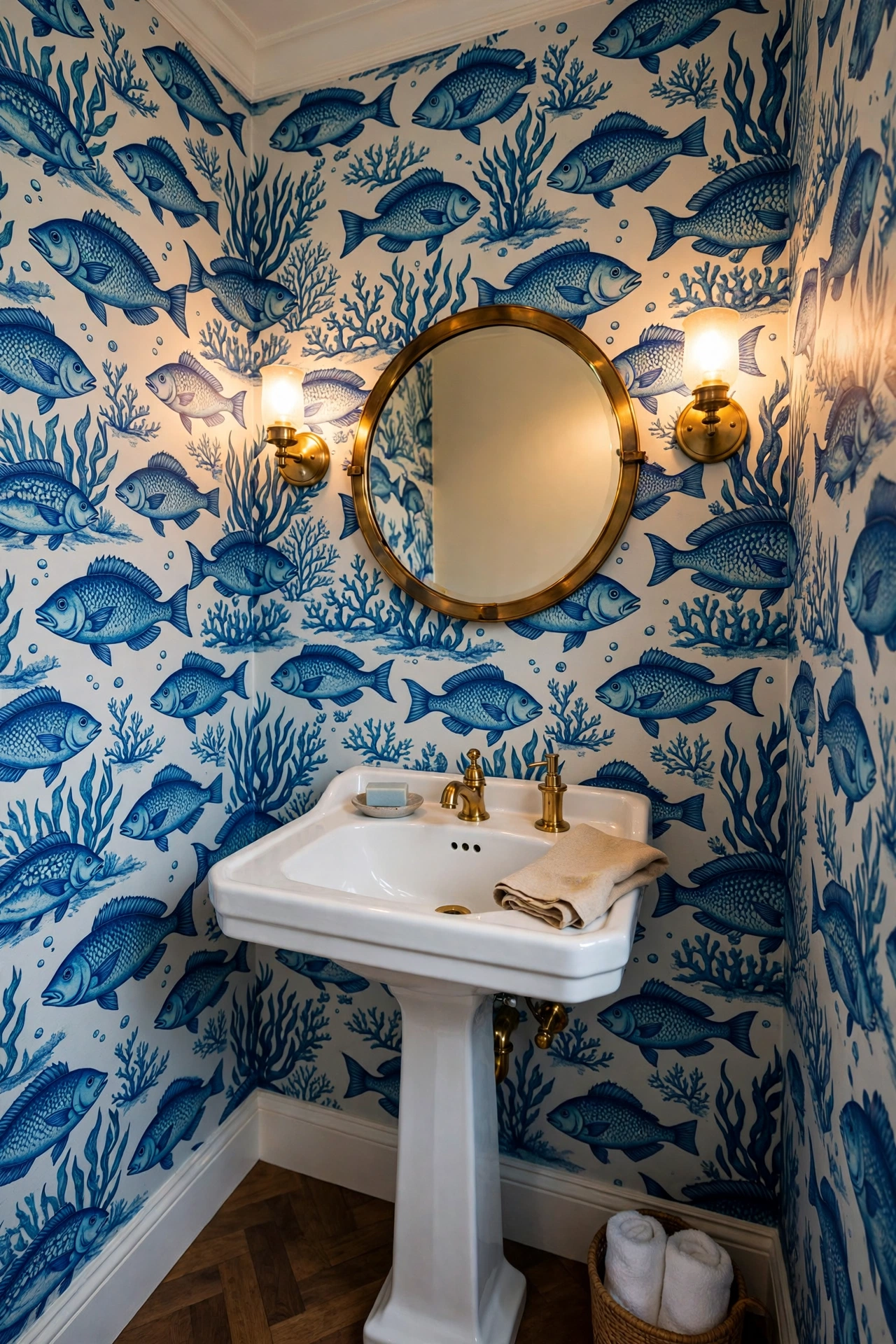 Small powder room with bold blue fish wallpaper covering the walls, white sink and brass mirror