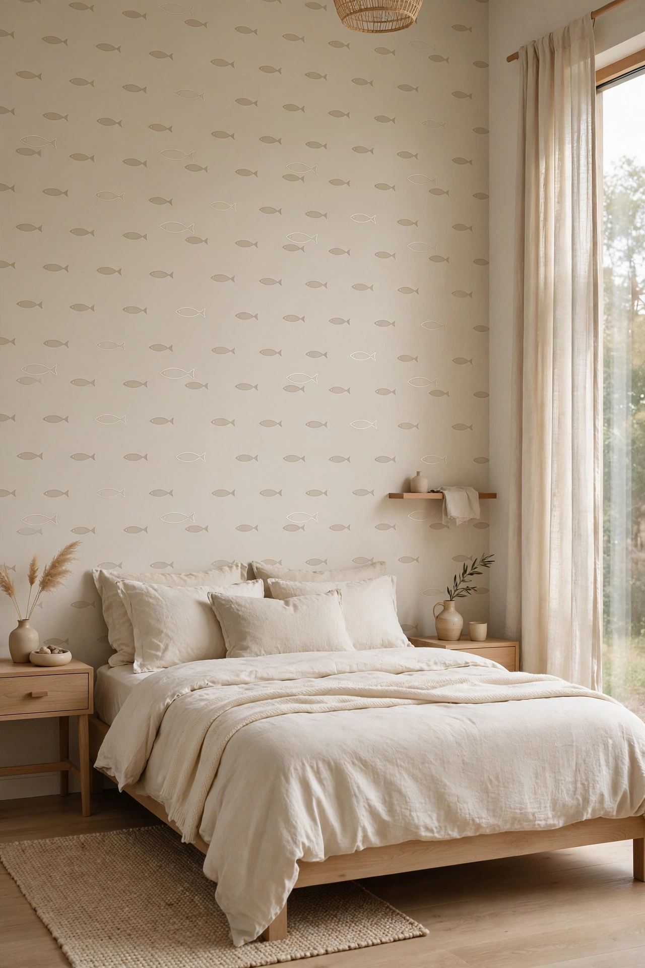 Sophisticated bedroom with subtle tonal beige fish silhouette wallpaper, neutral bedding