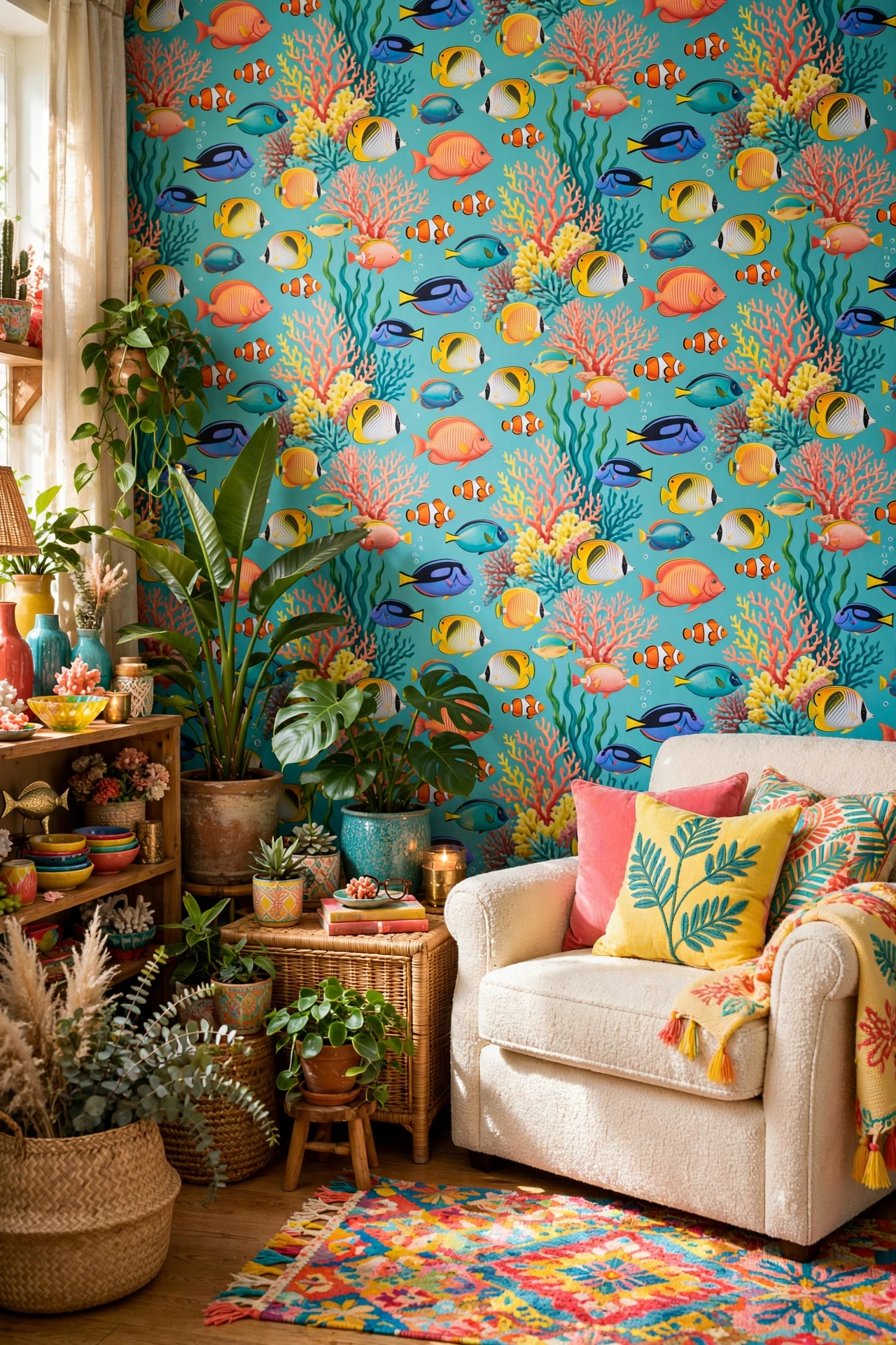 Vibrant living room wall covered in colorful tropical fish wallpaper, cream armchair