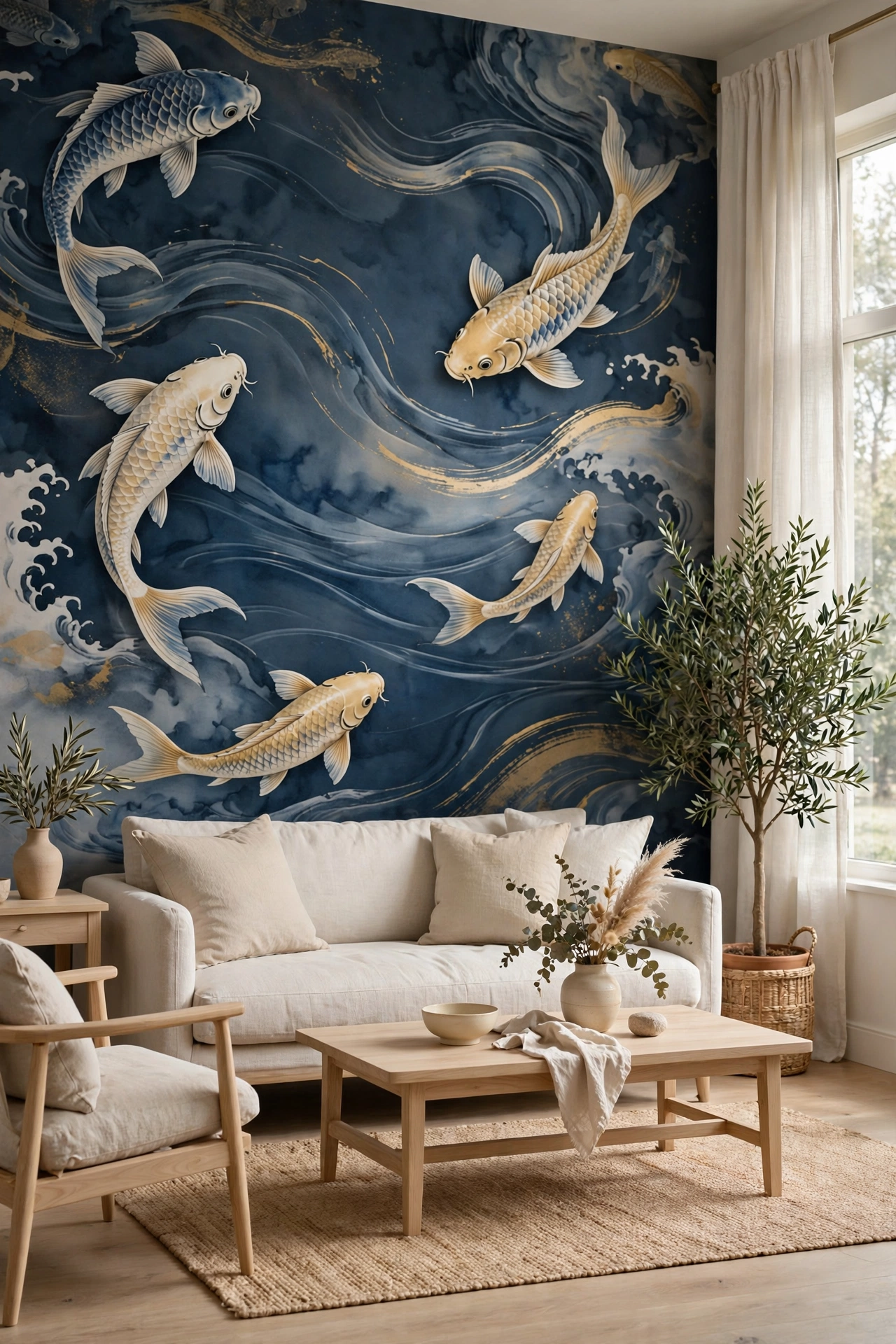 Elegant living room with flowing koi fish wallpaper in ink blue and gold, light wood furniture