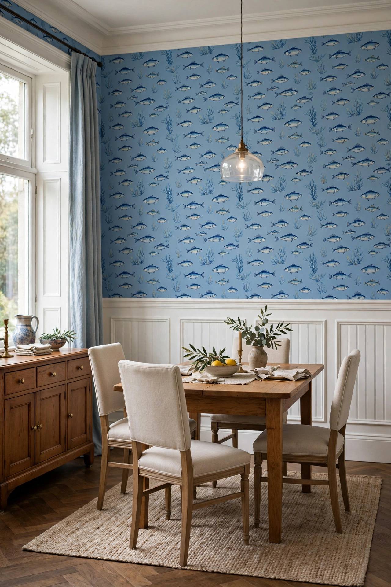 Classic dining room with fish wallpaper above white wainscoting, wooden table