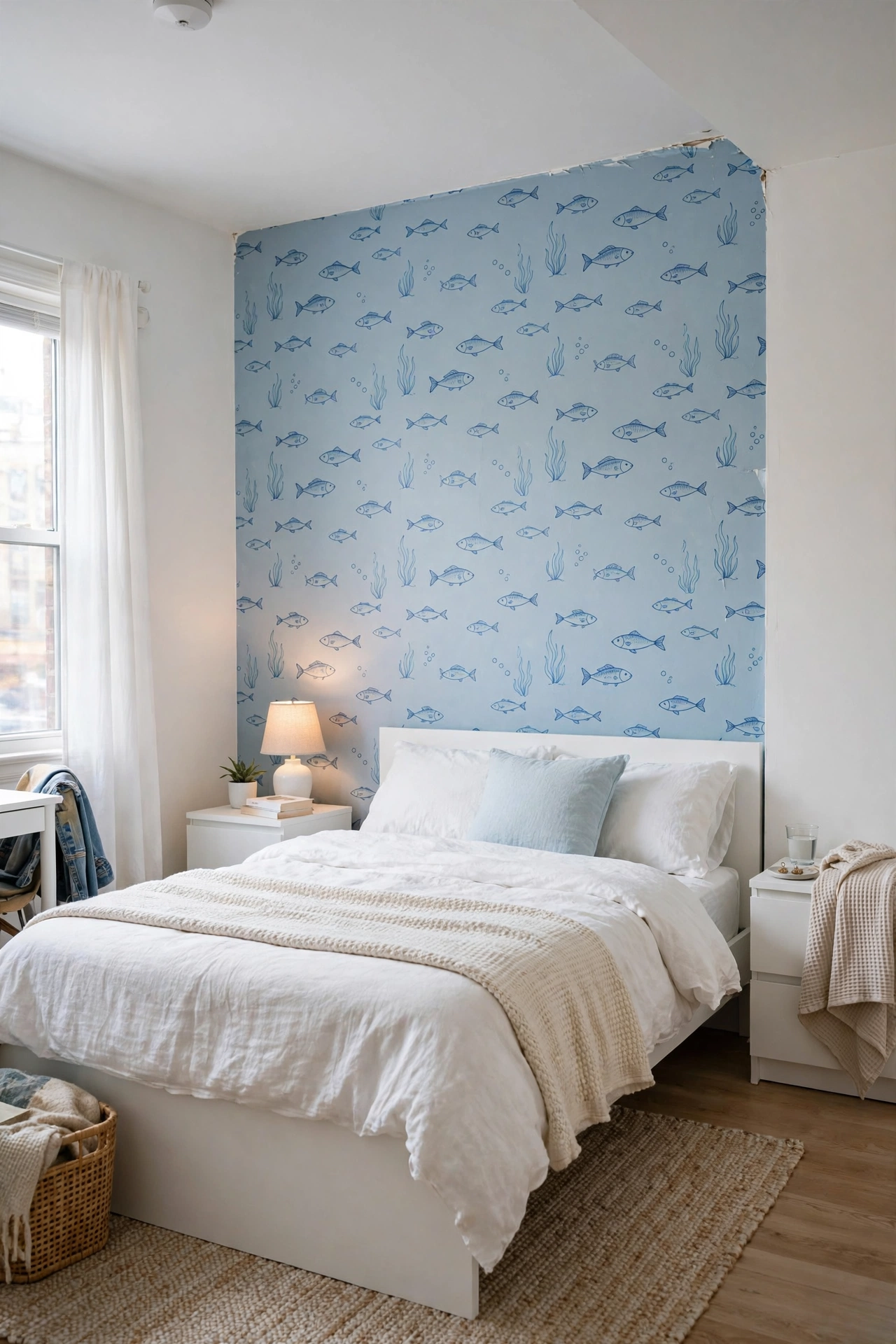 Rental apartment bedroom with peel-and-stick fish wallpaper accent wall, simple white furniture