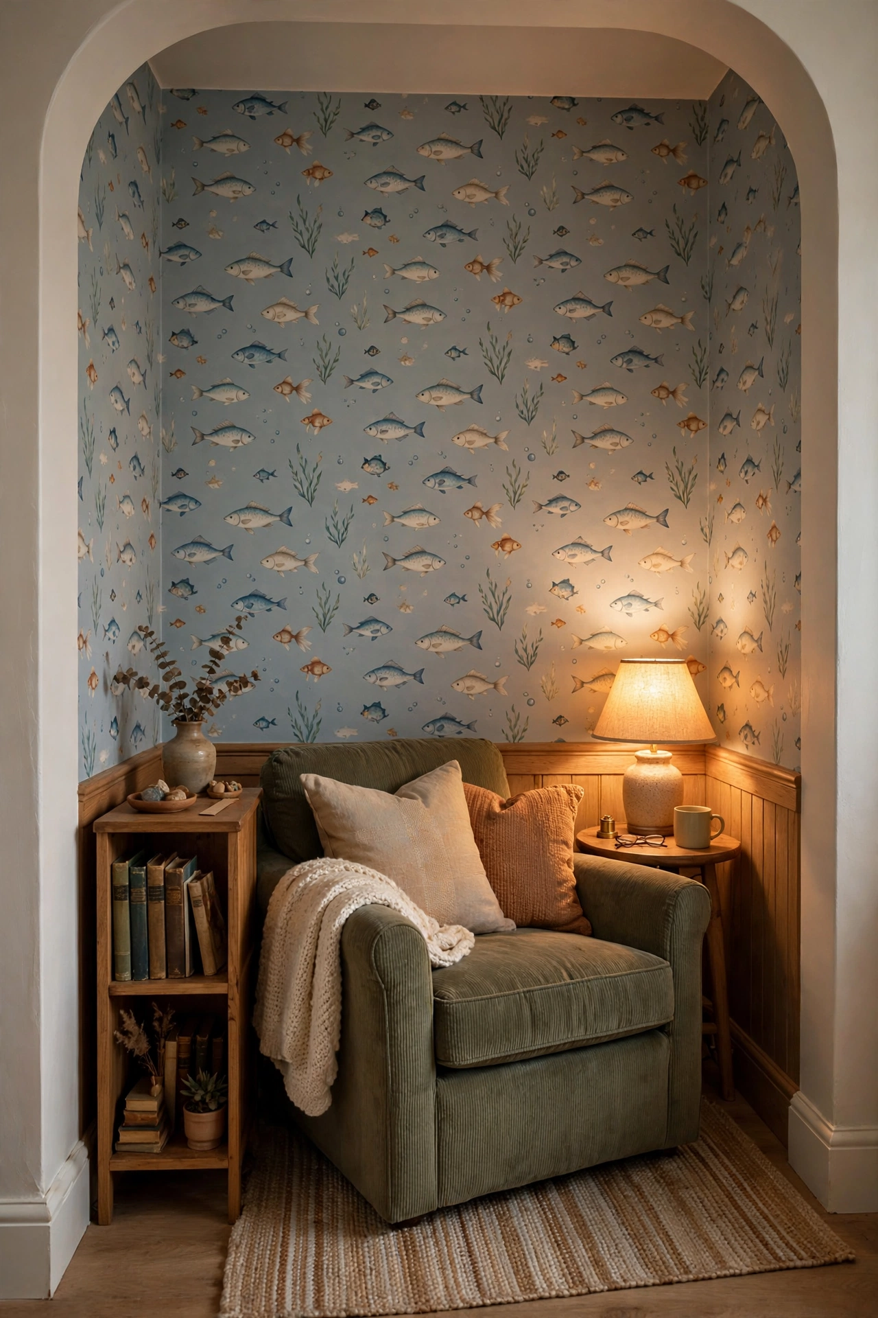 Cozy reading nook with fish wallpaper inside the alcove, armchair and small bookshelf