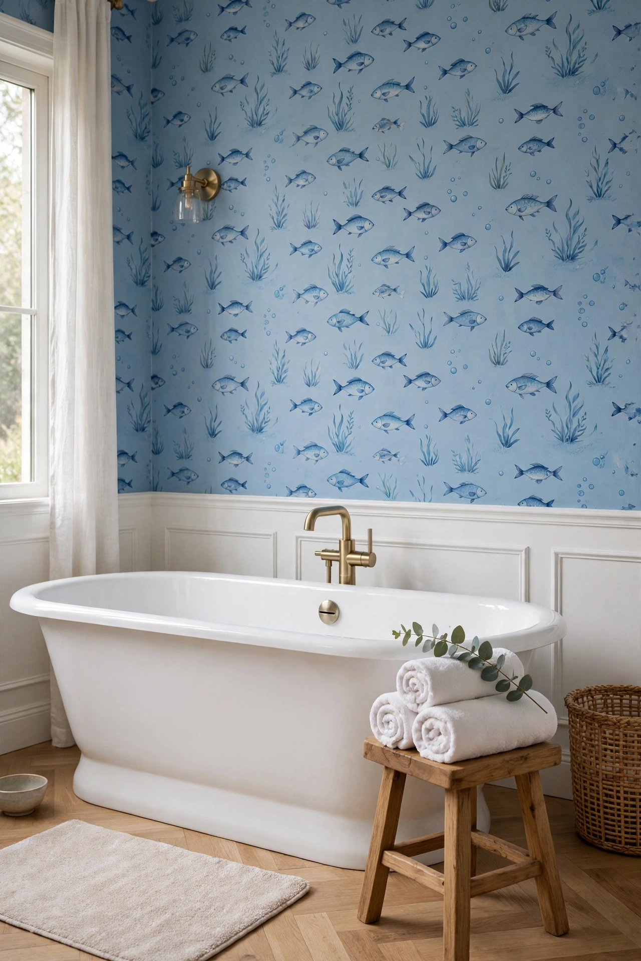 Bathroom with moisture-safe vinyl fish wallpaper in soft blue tones, white tub and wooden stool