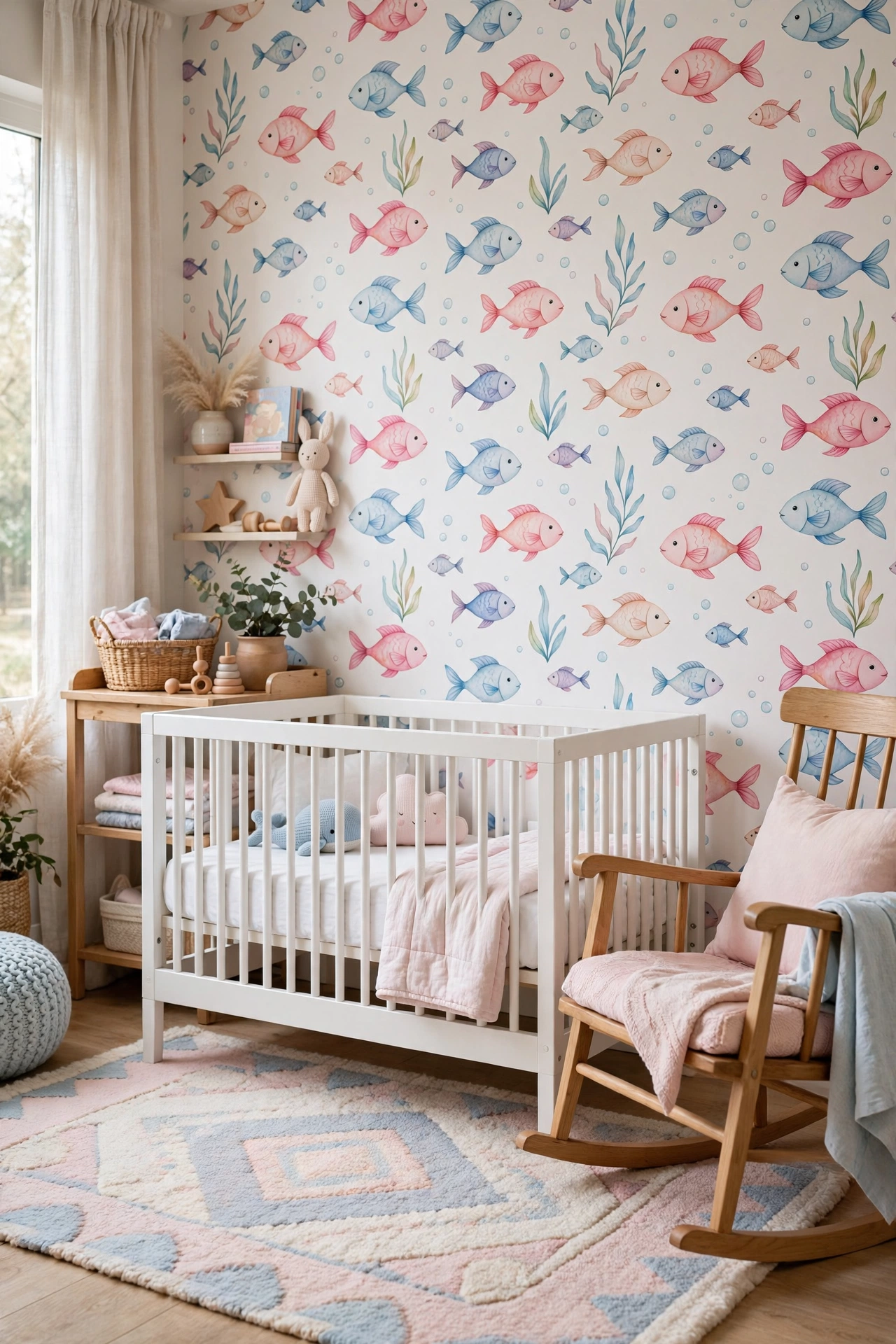 Sweet nursery with whimsical pastel fish wallpaper, white crib and natural wood rocking chair