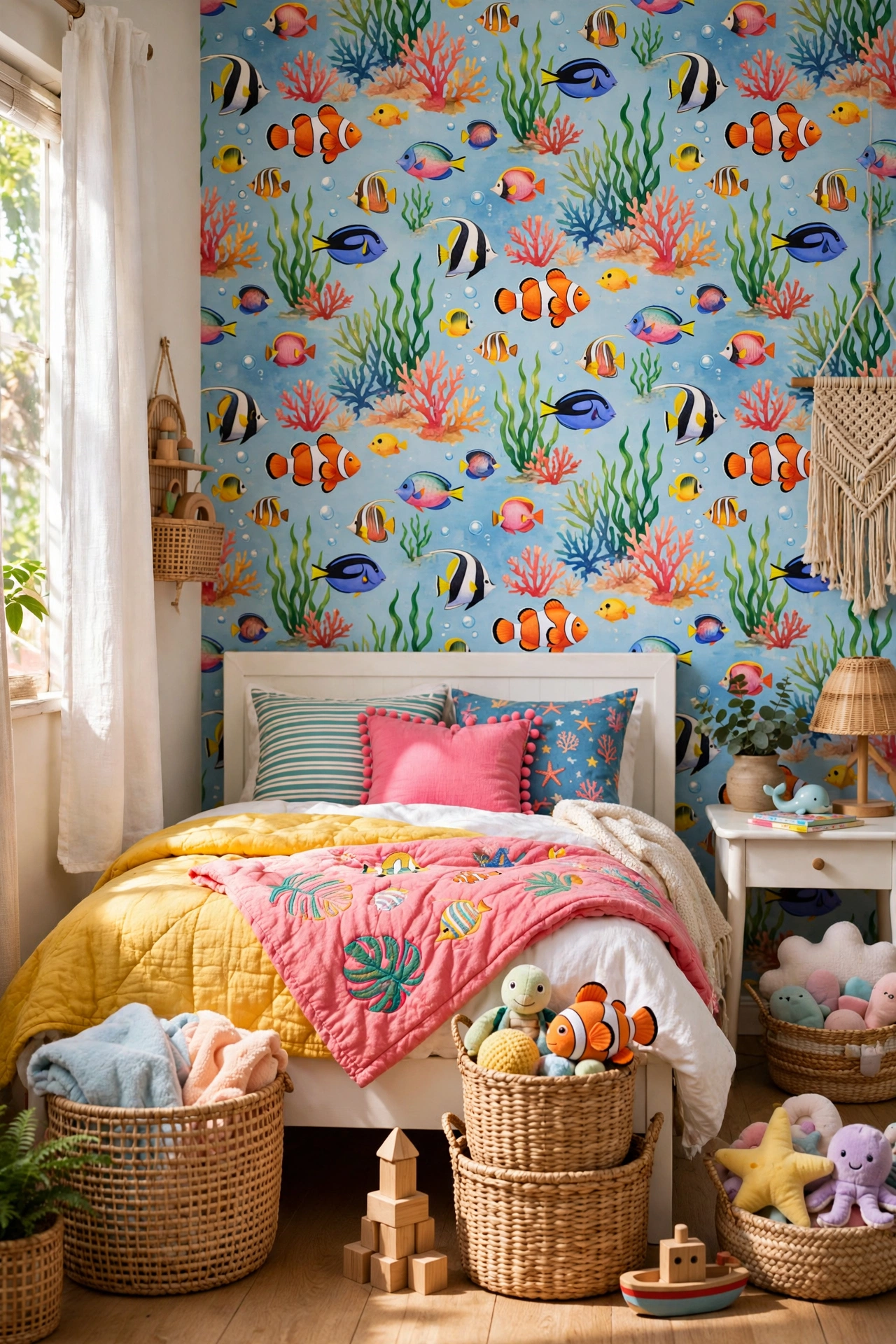 Cheerful kids' bedroom with colorful tropical fish wallpaper, white bed and woven storage baskets