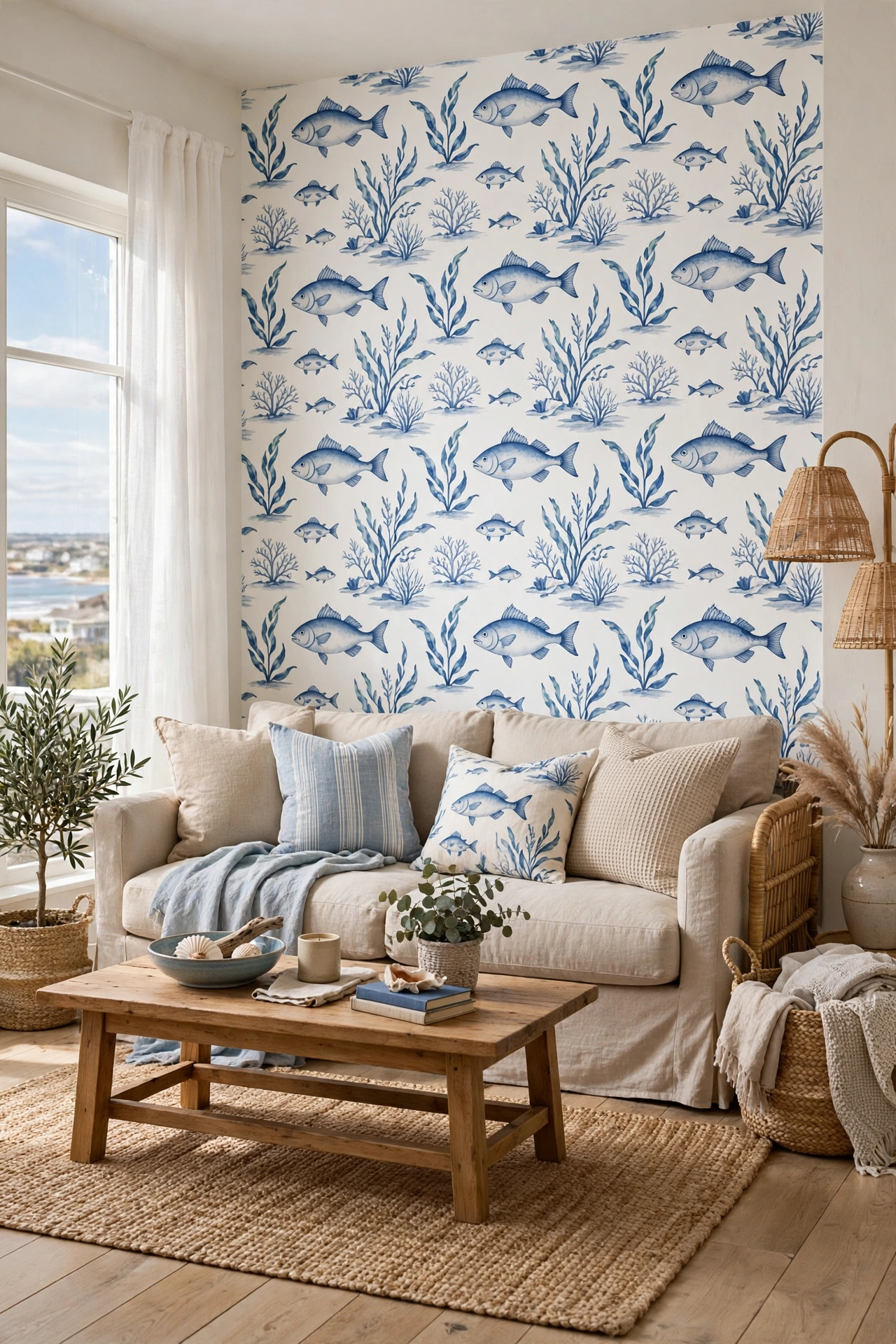 Coastal living room with blue and white fish wallpaper accent wall behind a linen sofa
