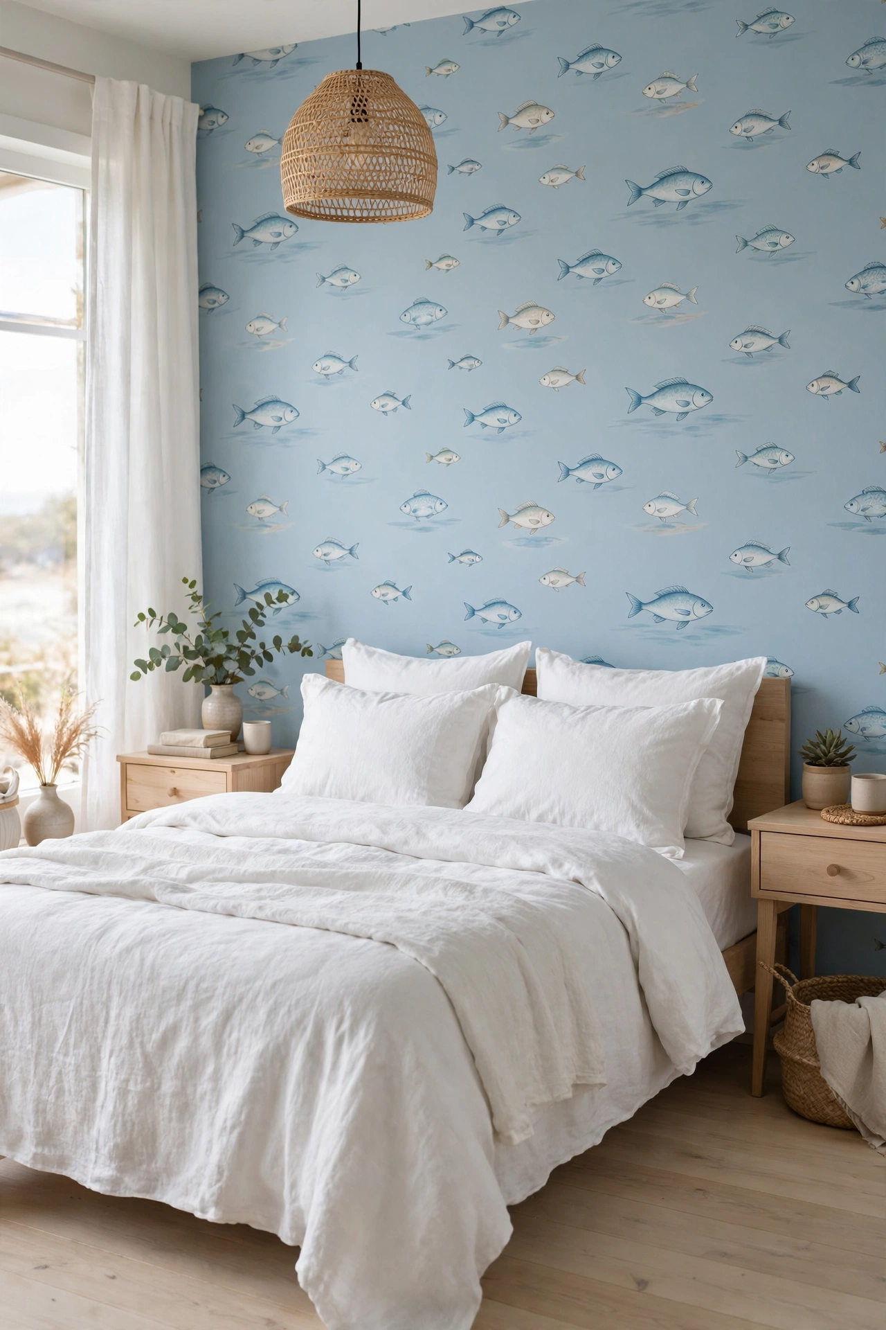 Serene bedroom with soft blue fish wallpaper behind the bed, white linen bedding