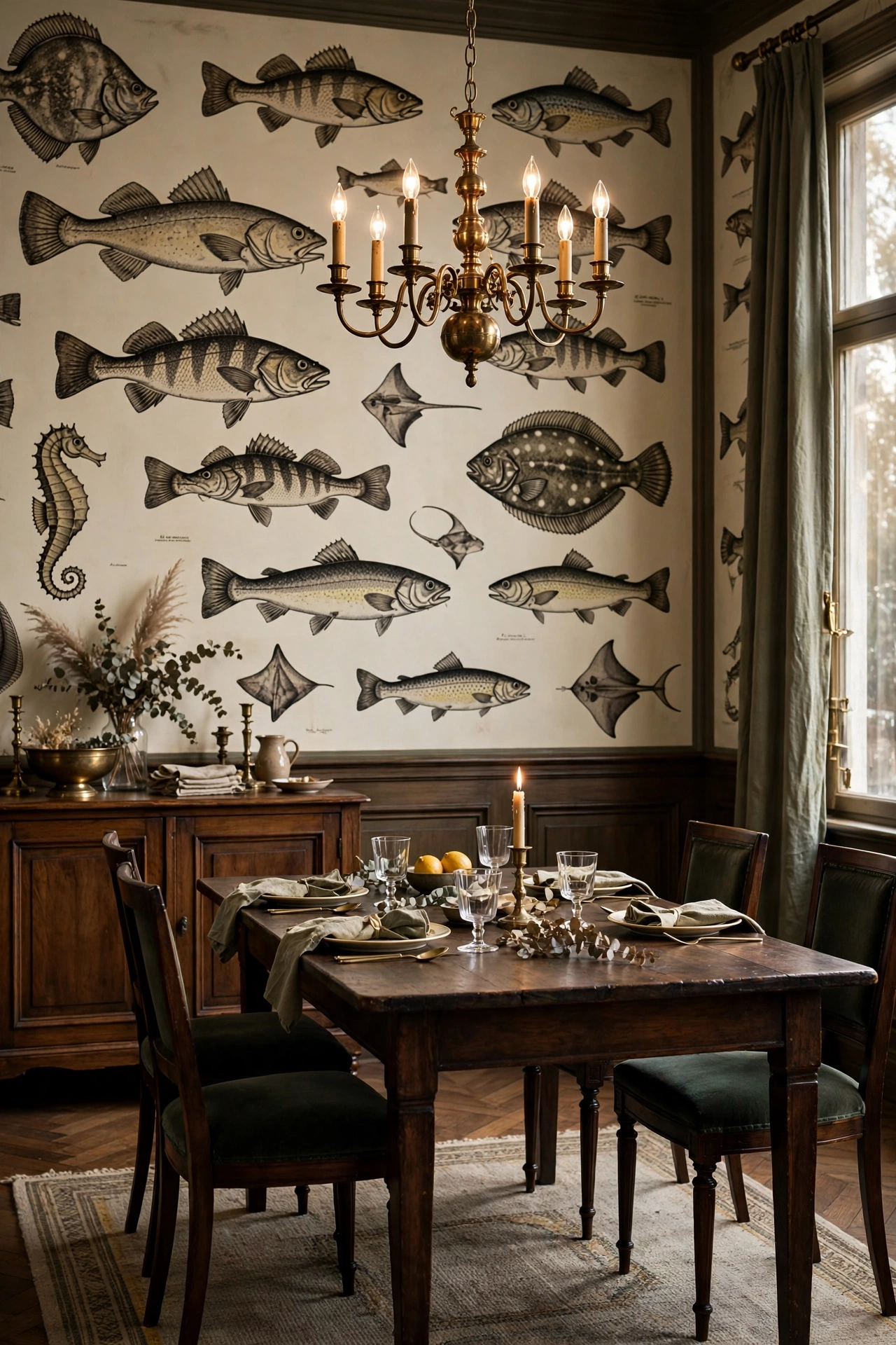 Elegant dining room with vintage-style fish illustration wallpaper, dark wood table and brass chandelier