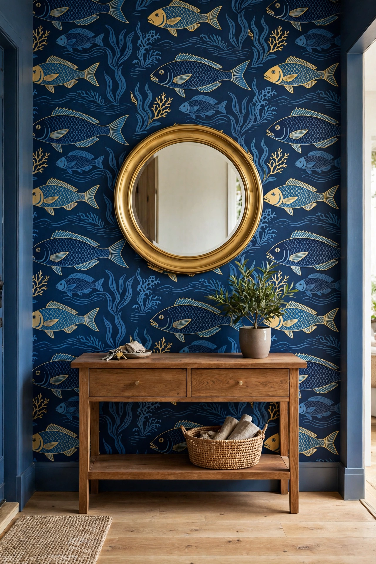 Stylish entryway with bold fish wallpaper, wooden console table and round mirror