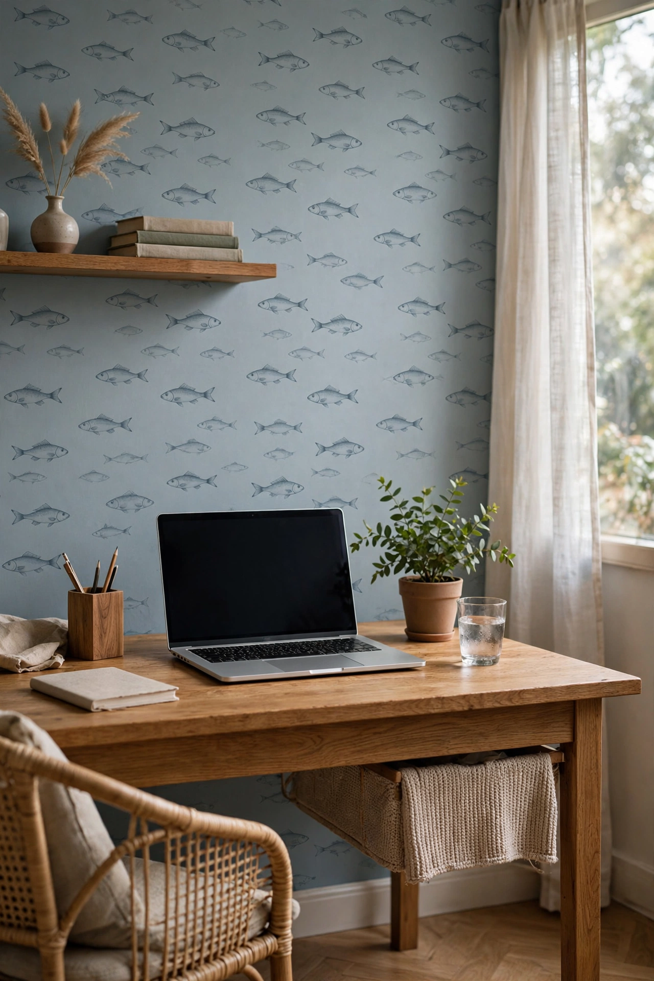 Home office with subtle tonal fish wallpaper in muted blue-gray, wooden desk and green plant