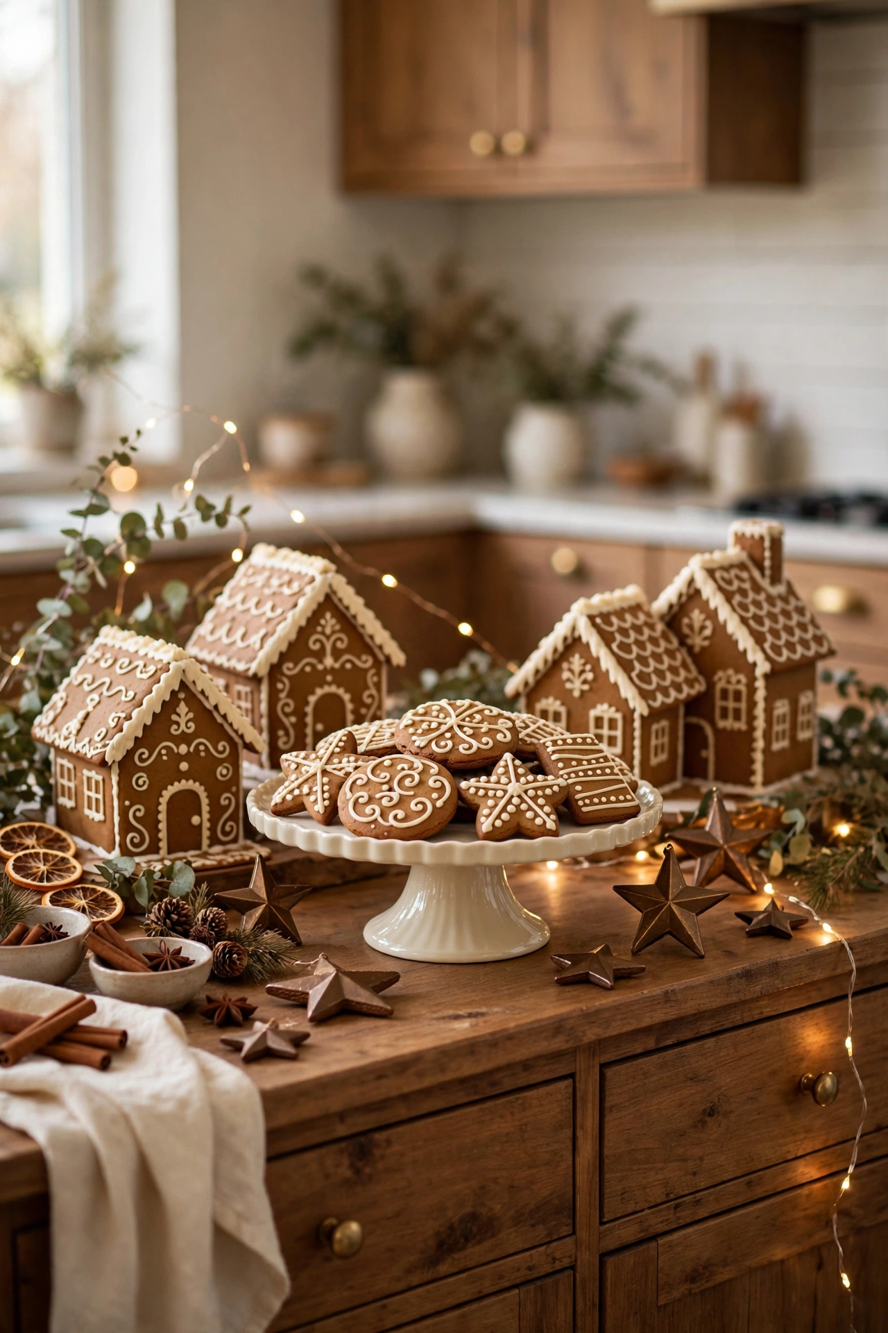 Kitchen sideboard display of gingerbread houses and cookies with brown and cream icing, a cream cake stand and bronze star ornaments