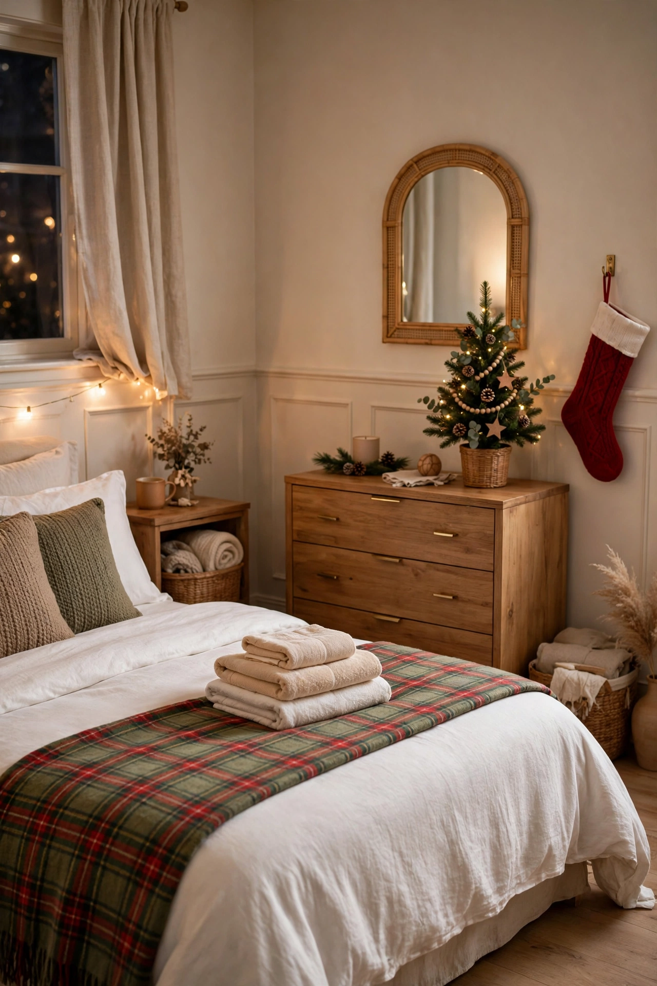 Welcoming guest bedroom ready for Christmas visitors with a neatly made bed, festive throw, folded towels, and a tiny Christmas tree on the dresser