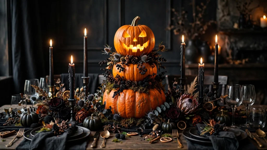 Spooky-chic Halloween table with glowing pumpkin tower centerpiece, candles and dark florals