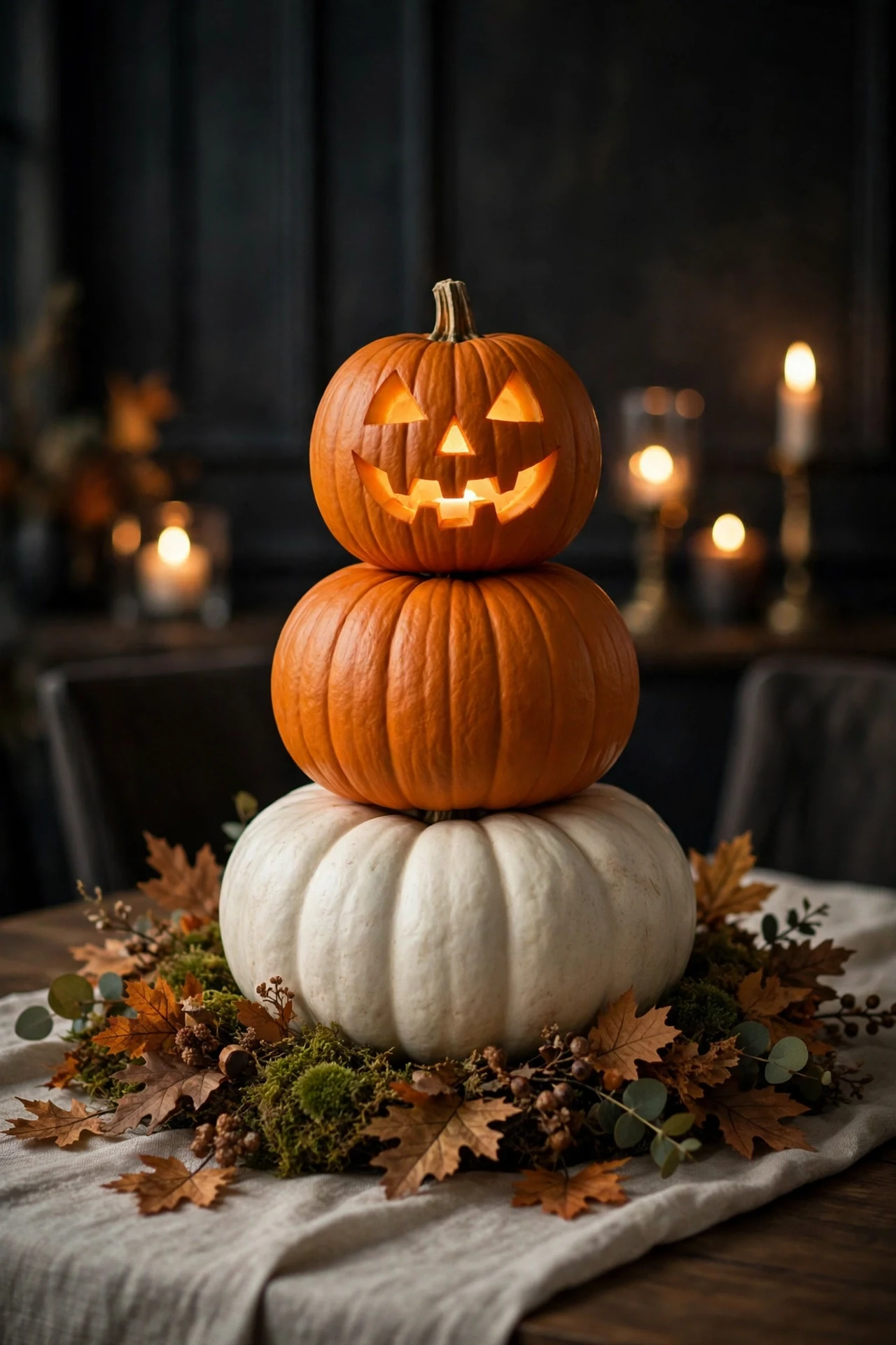Stacked pumpkin tower centerpiece with three white and orange pumpkins on Halloween table