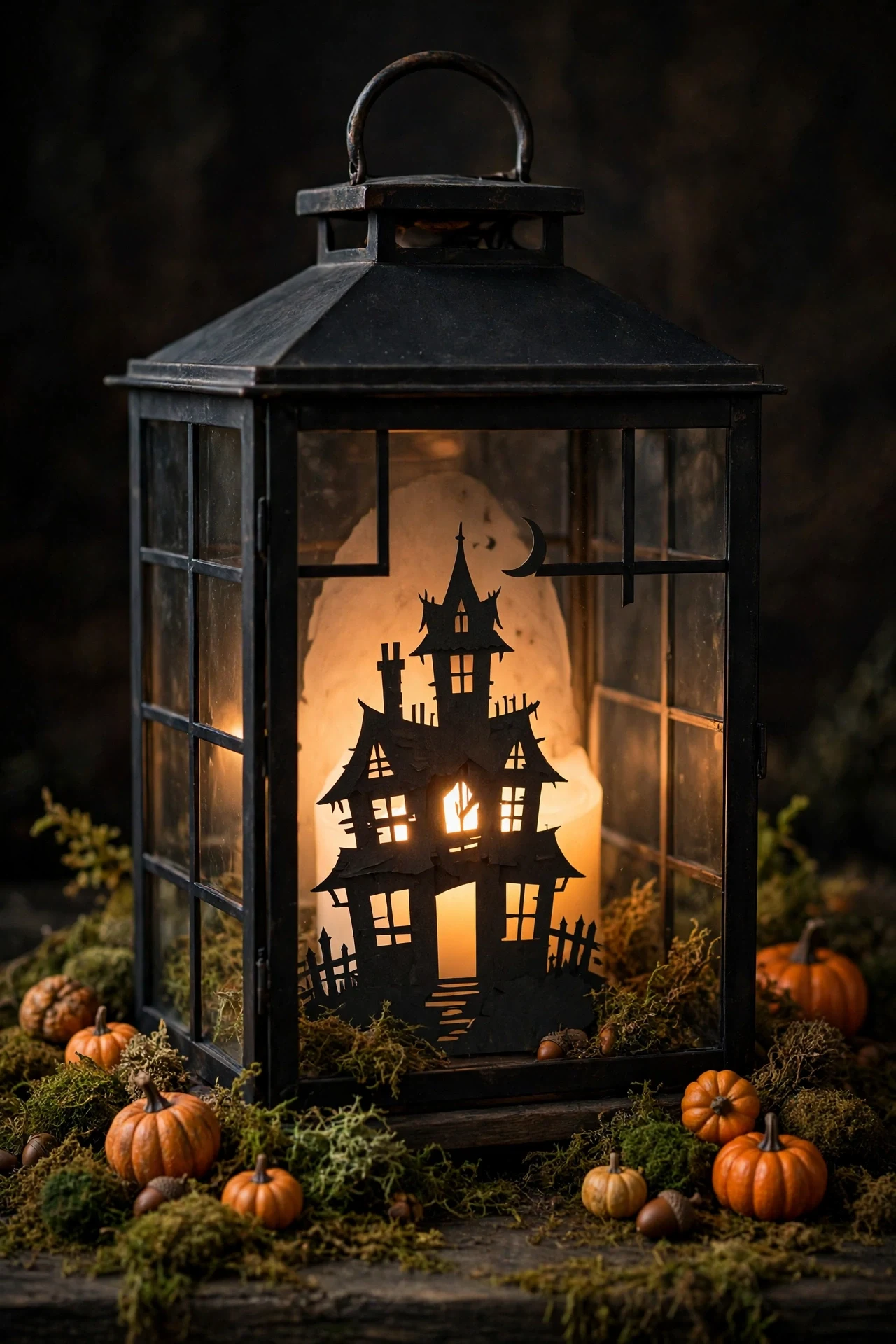 Large lantern with glowing haunted house silhouette and mini pumpkins inside