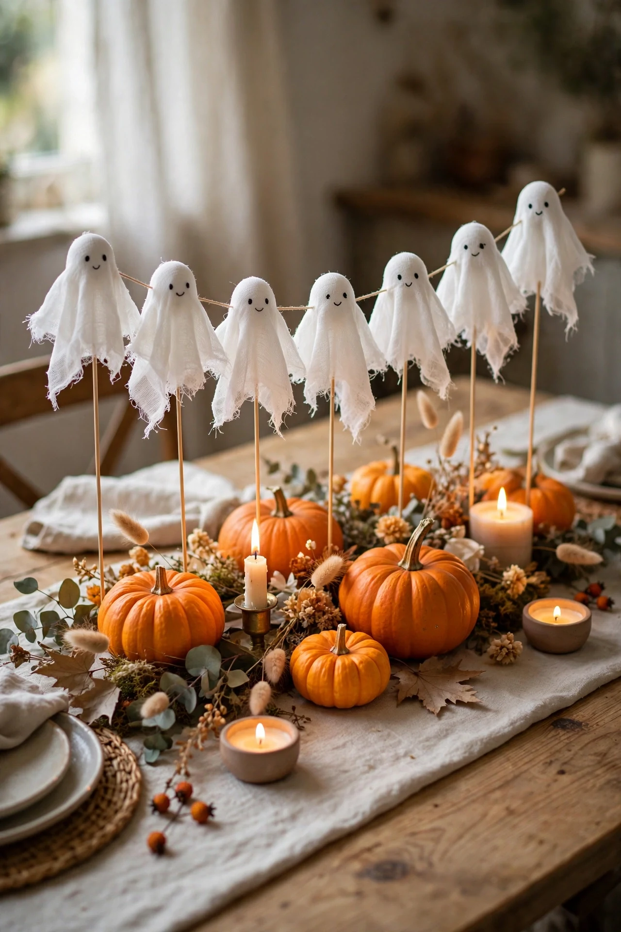 Cheesecloth ghost garland running down Halloween table center between pumpkins