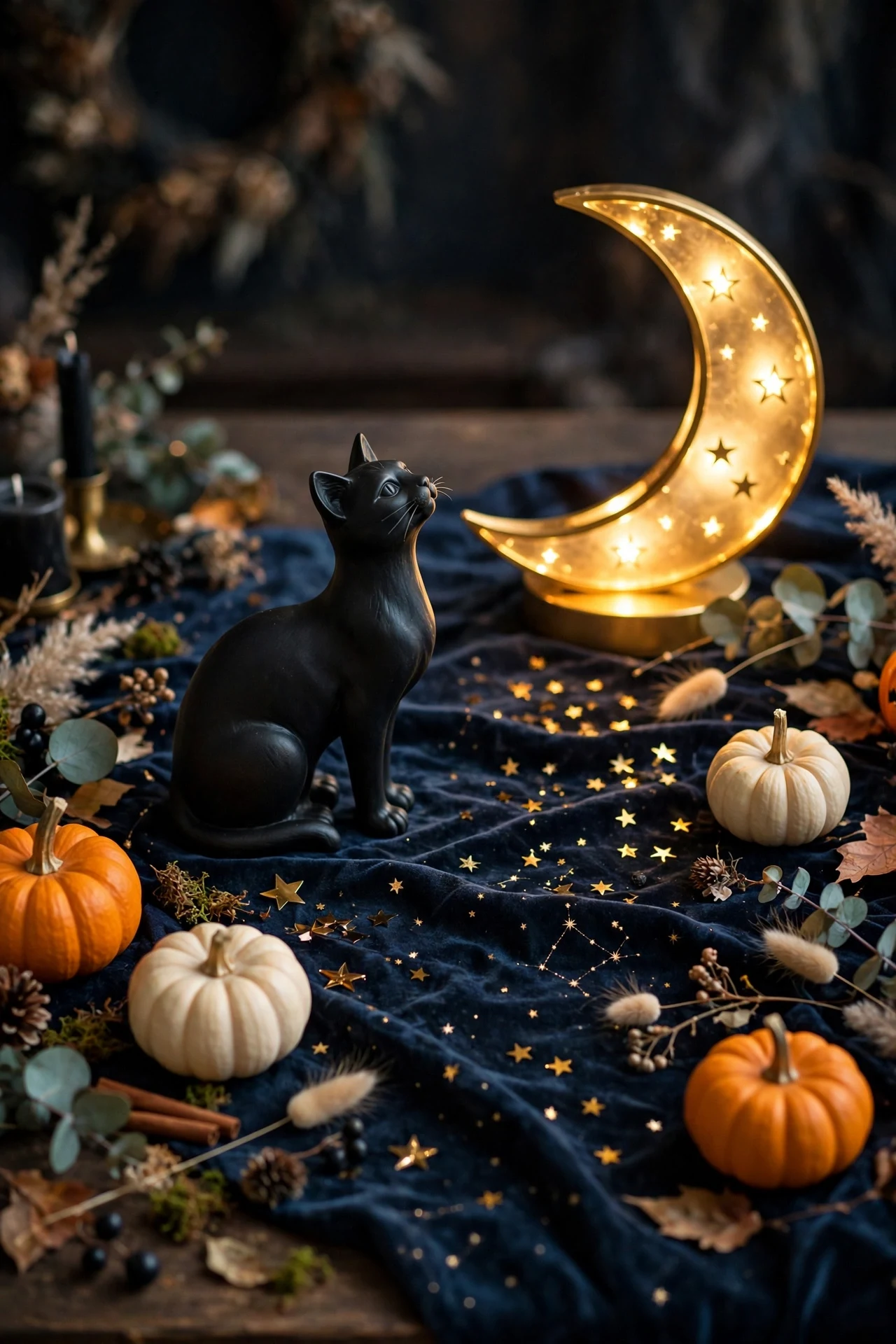 Black cat figurine beside glowing crescent moon with star confetti as Halloween centerpiece