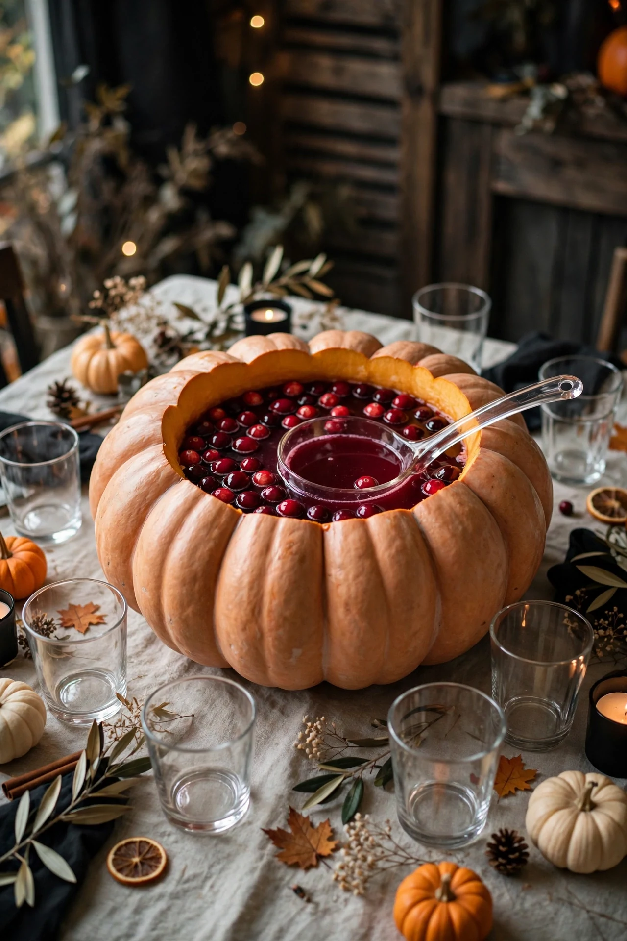 Large hollowed pumpkin filled with red punch surrounded by cups as Halloween centerpiece