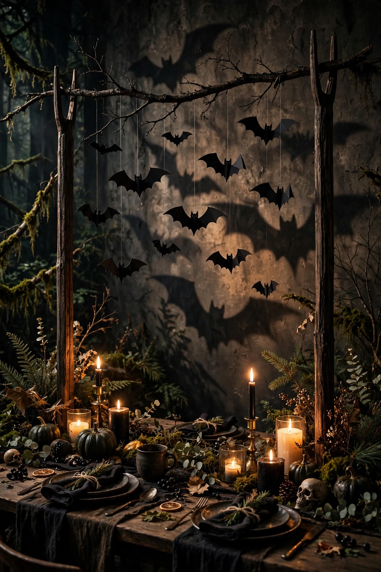 Branch suspended over table with hanging paper bats casting shadows in candlelight