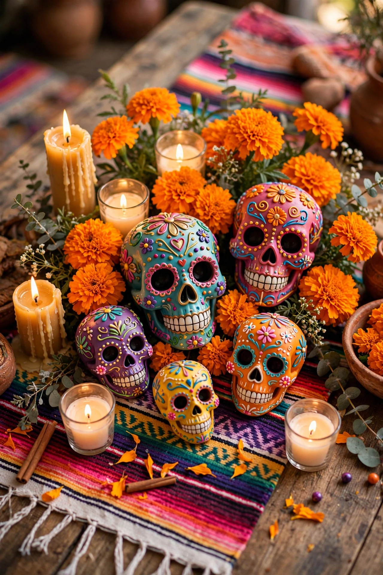 Colorful sugar skulls with bright marigold flowers and candles as Halloween centerpiece