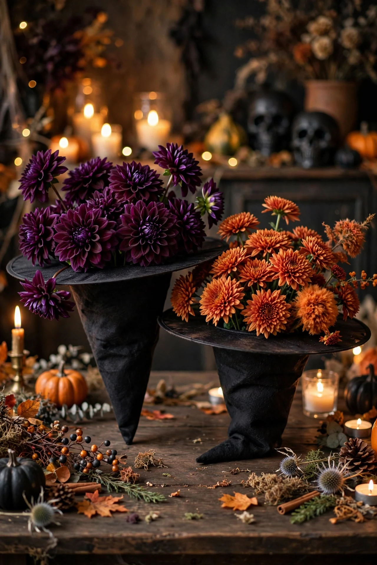 Upside-down witch hats filled with dark purple and orange flowers as Halloween centerpiece